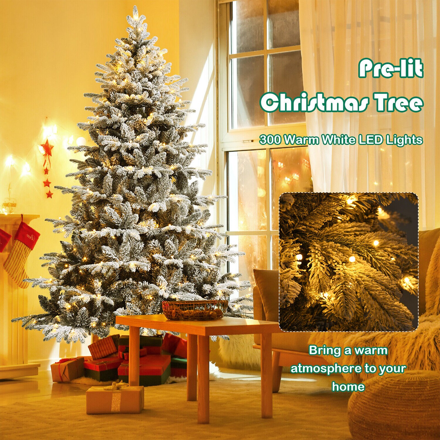 WELLFOR 9 ft. Pre-Lit LED PVC Regular Full Artificial Christmas