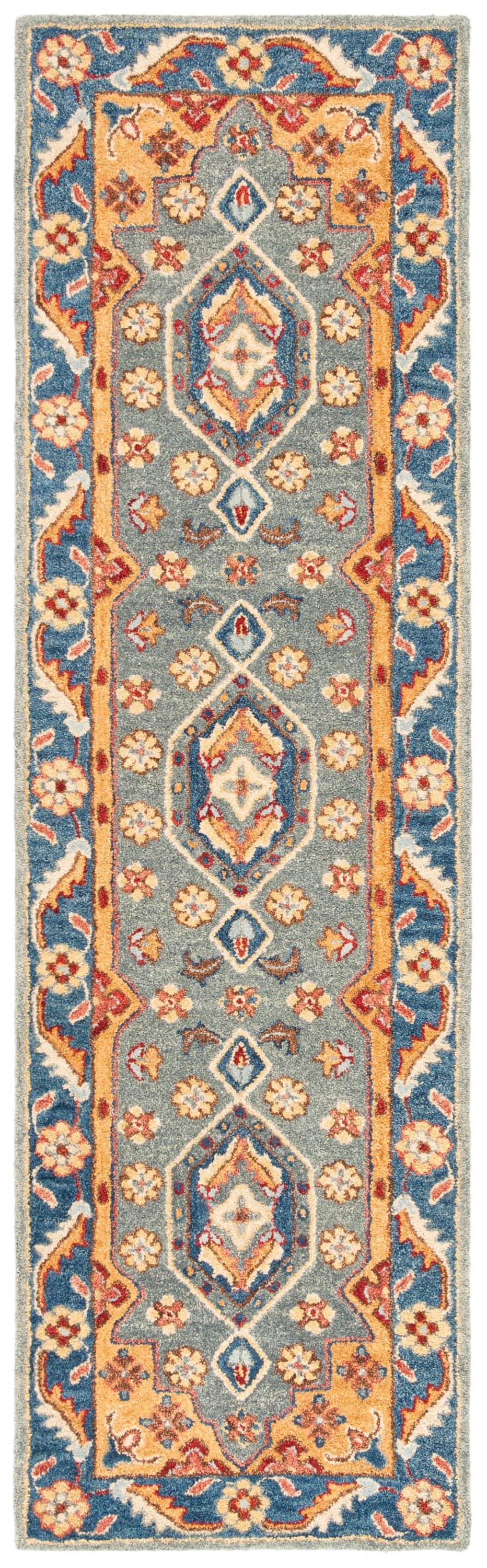 Blue and Gold Wool Tufted Runner Rug, 2'3" x 8'