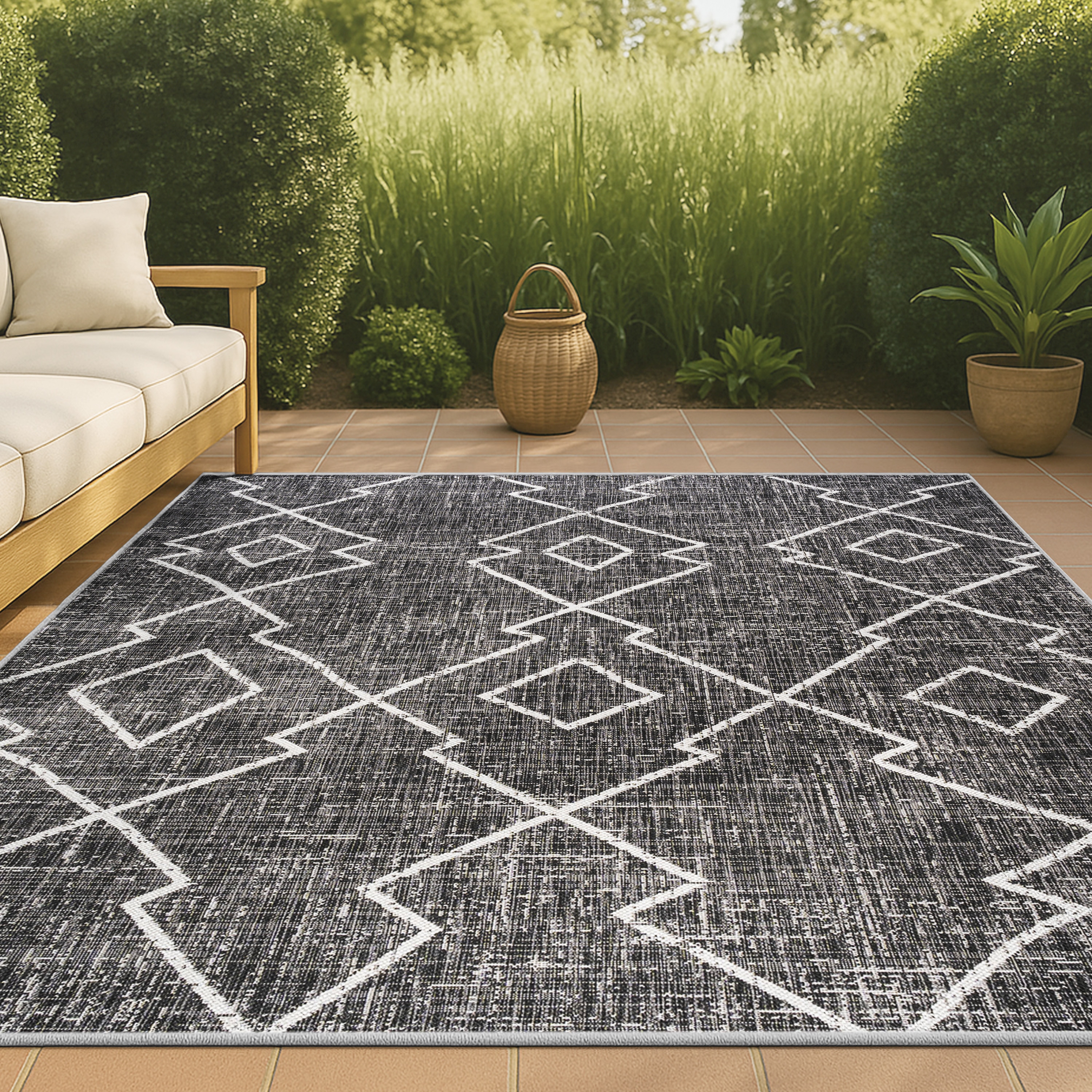 JONATHAN  Y SMB128E-4 Santa Monica Carwa Tribal Diamond 4 x 6 (ft) Loomed Polypropylene Black/Ivory Rectangular Indoor/Outdoor Trellis Bohemian/Eclectic Area rug