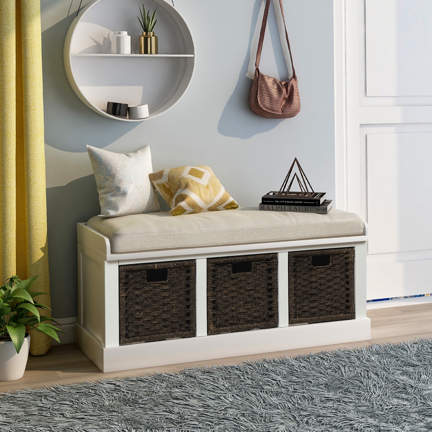 ModernLuxe WF193443AAK Rustic Storage Bench with 3 Removable Classic Rattan Basket  Entryway Bench Storage Bench with Removable Cushion White