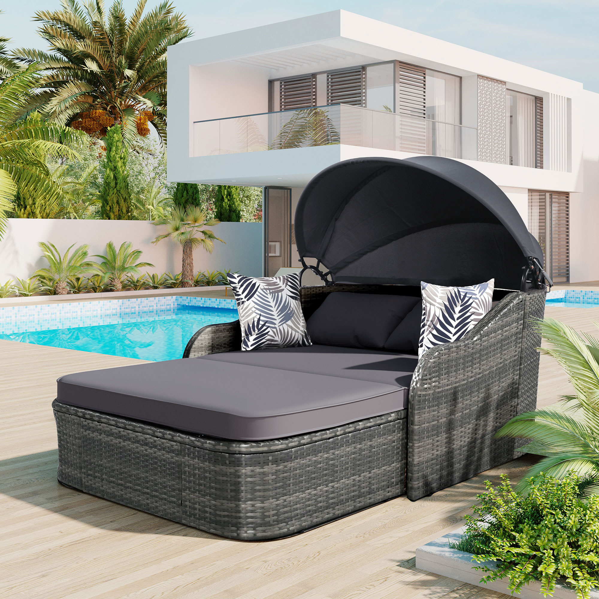 ModernLuxe L-FG201223AAE 79.9" Outdoor Sunbed with Adjustable Canopy Wicker Outdoor Daybed with Gray Cushions and Wicker Frame