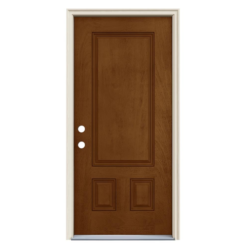 JELD-WEN LOWOLJW231600016 36-in x 80-in x 4-9/16-in Fiberglass No glass Right-hand inswing Mocha Stained Prehung Front Door with Brickmould Insulating core