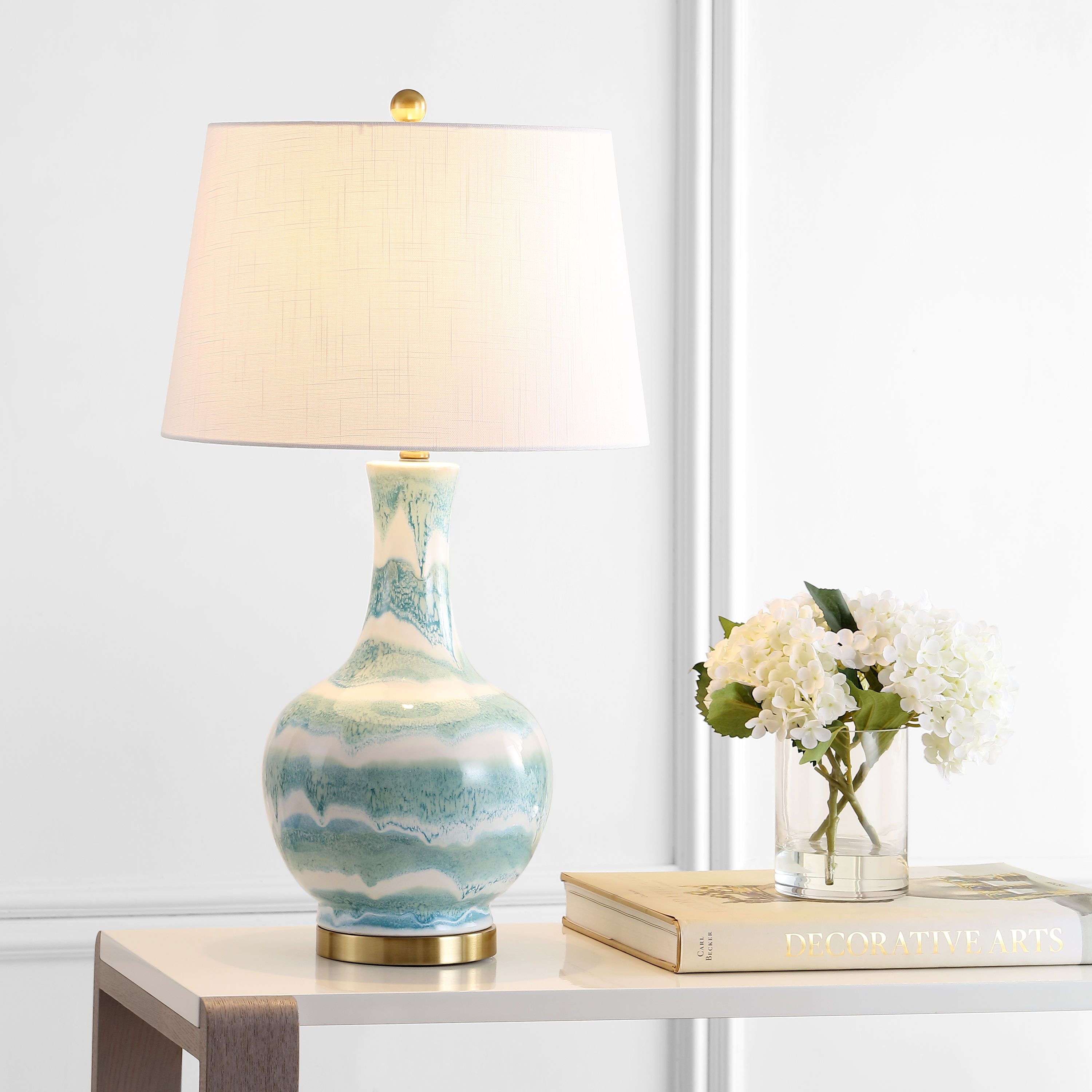 JONATHAN  Y JYL3054A Tucker Striped Ceramic/Metal Transitional 30.5-in Green/White LED Incandescent Rotary socket Table Lamp with Linen Shade