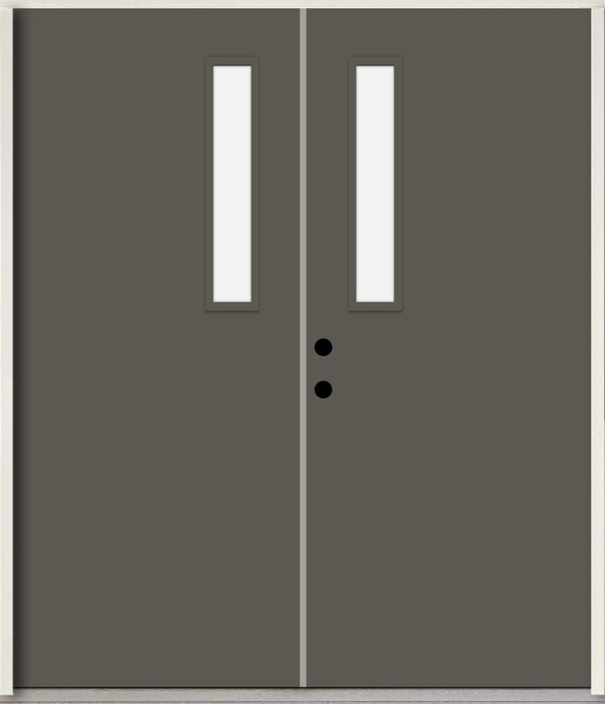 RELIABILT LO1063261 Spotlights 72-in x 80-in x Fiberglass 1/4 lite Right-hand inswing Thunder Gray Paint Painted Prehung Double Front Door Insulating core