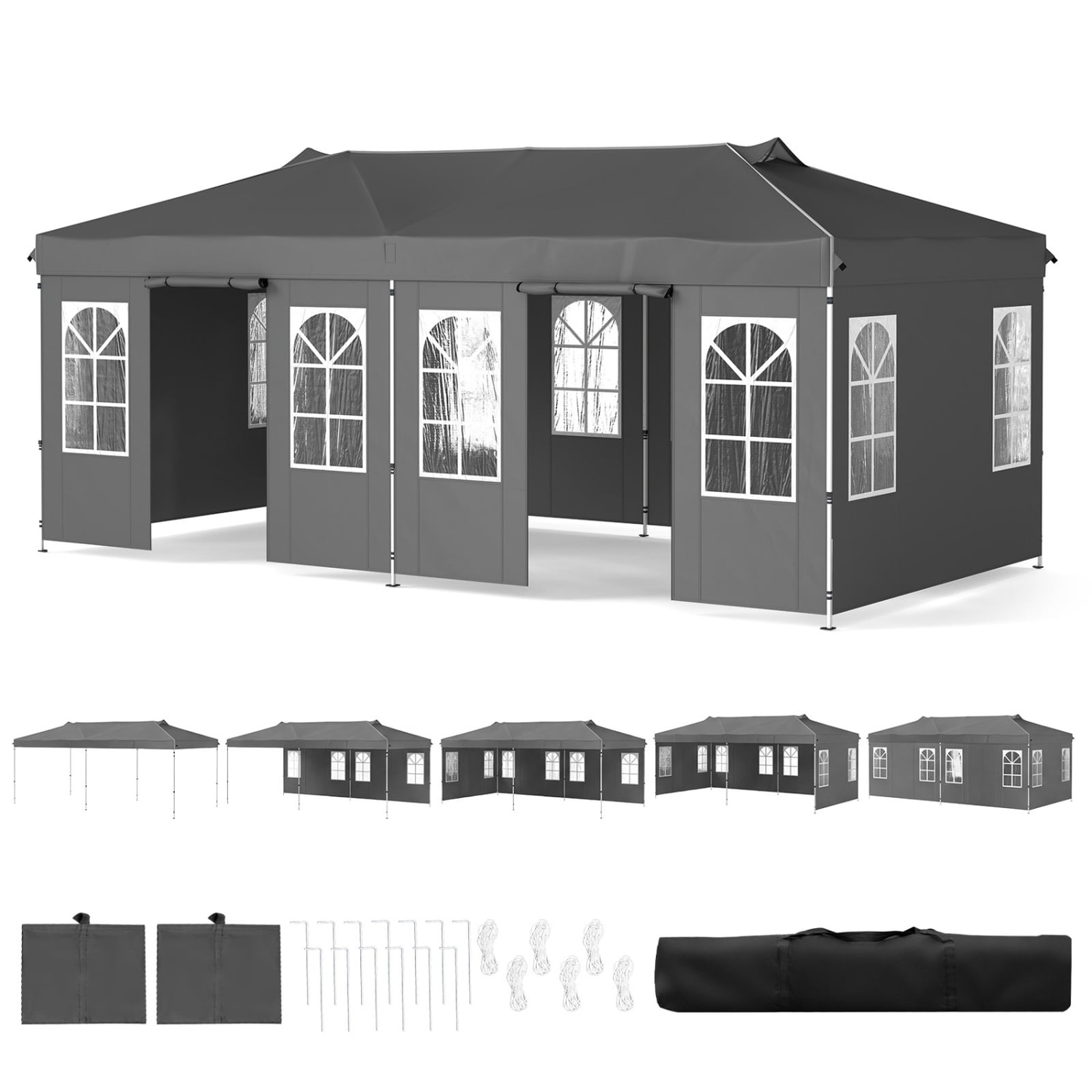 SUGIFT 10-ft x 20-ft Gray Pop-Up Canopy Tent with 6 Sidewalls and Adjustable Height