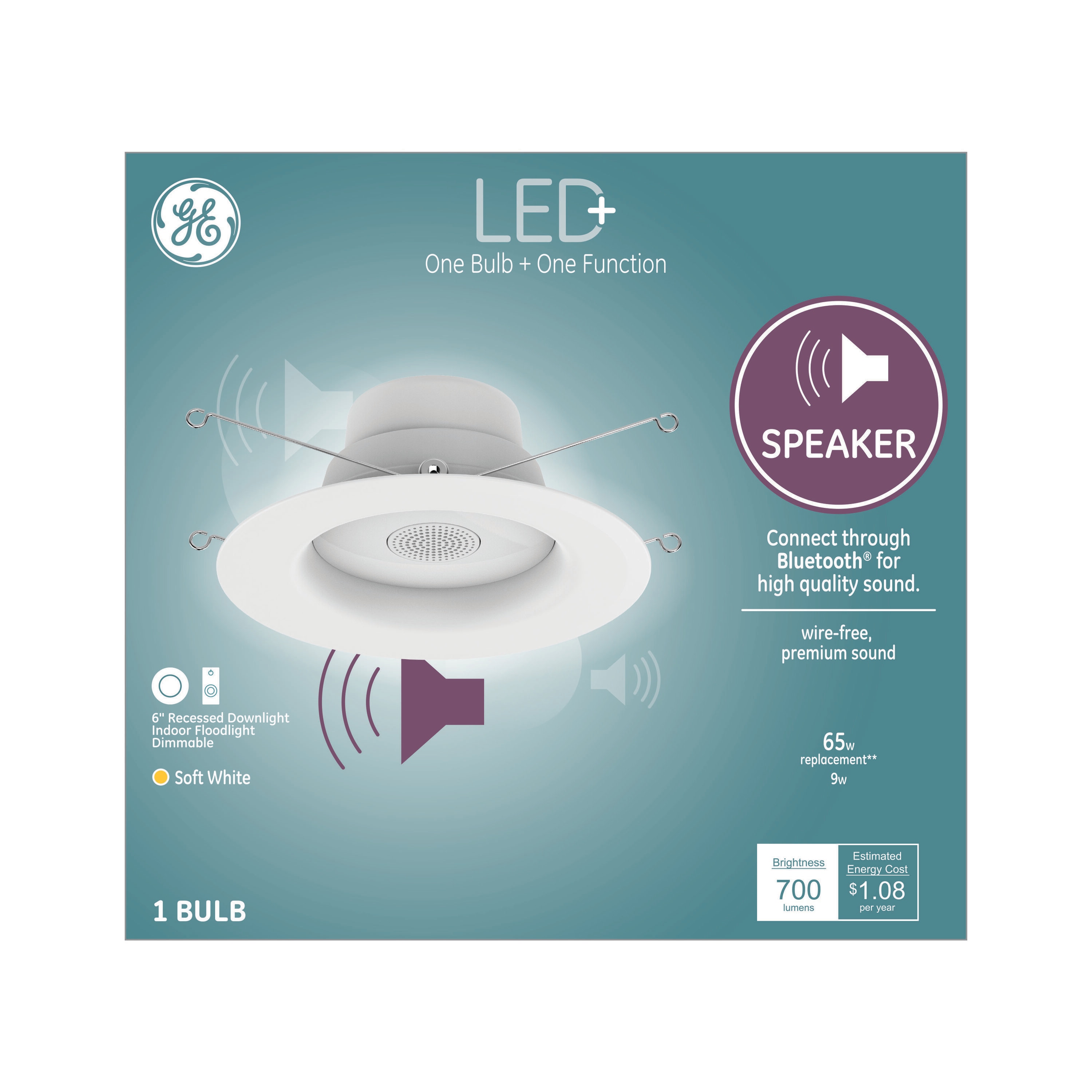GE LED+ Speaker Light Bulb, Soft White, Bluetooth Speaker, No App