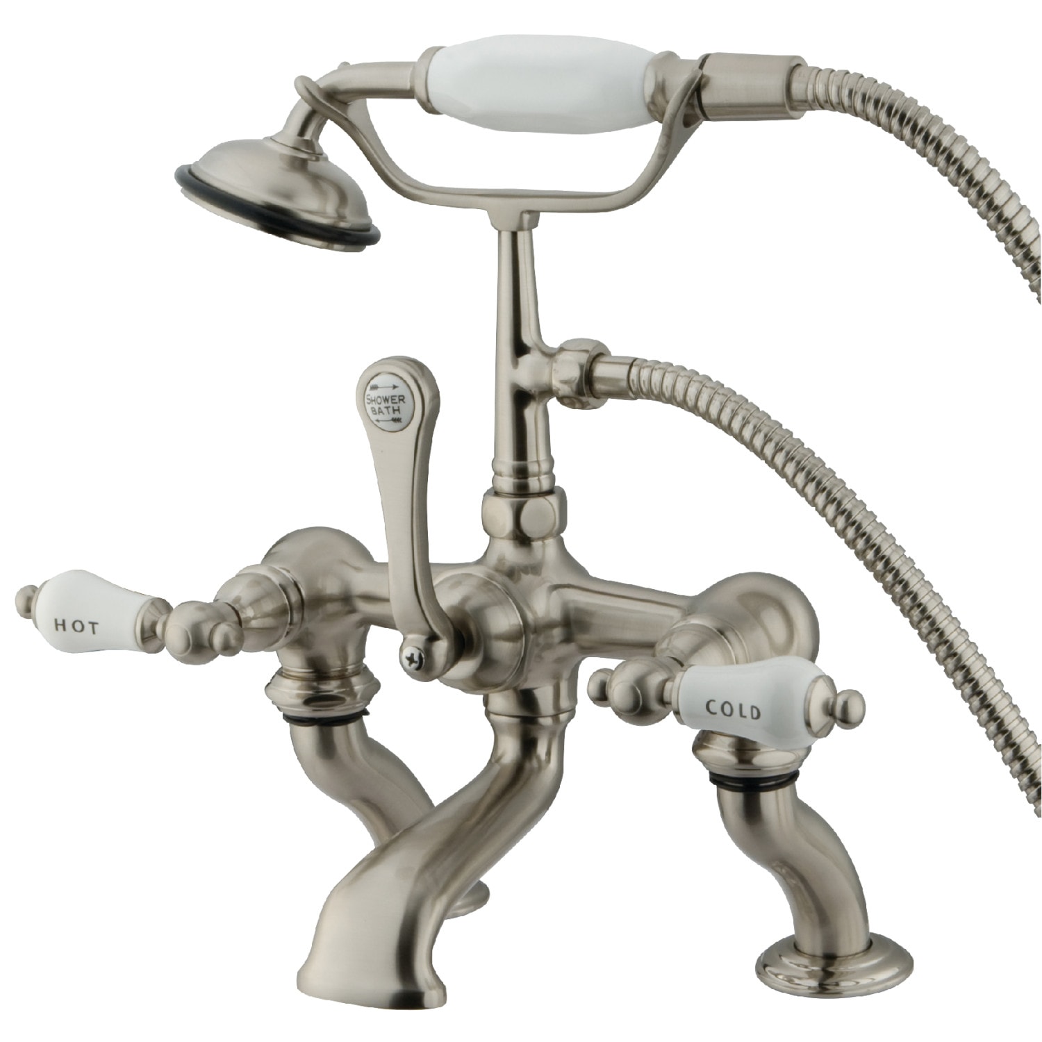 Kingston Brass Vintage Brushed Nickel 3 Handle Deck Mount Roman Low Arc Bathtub Faucet With Hand 8516