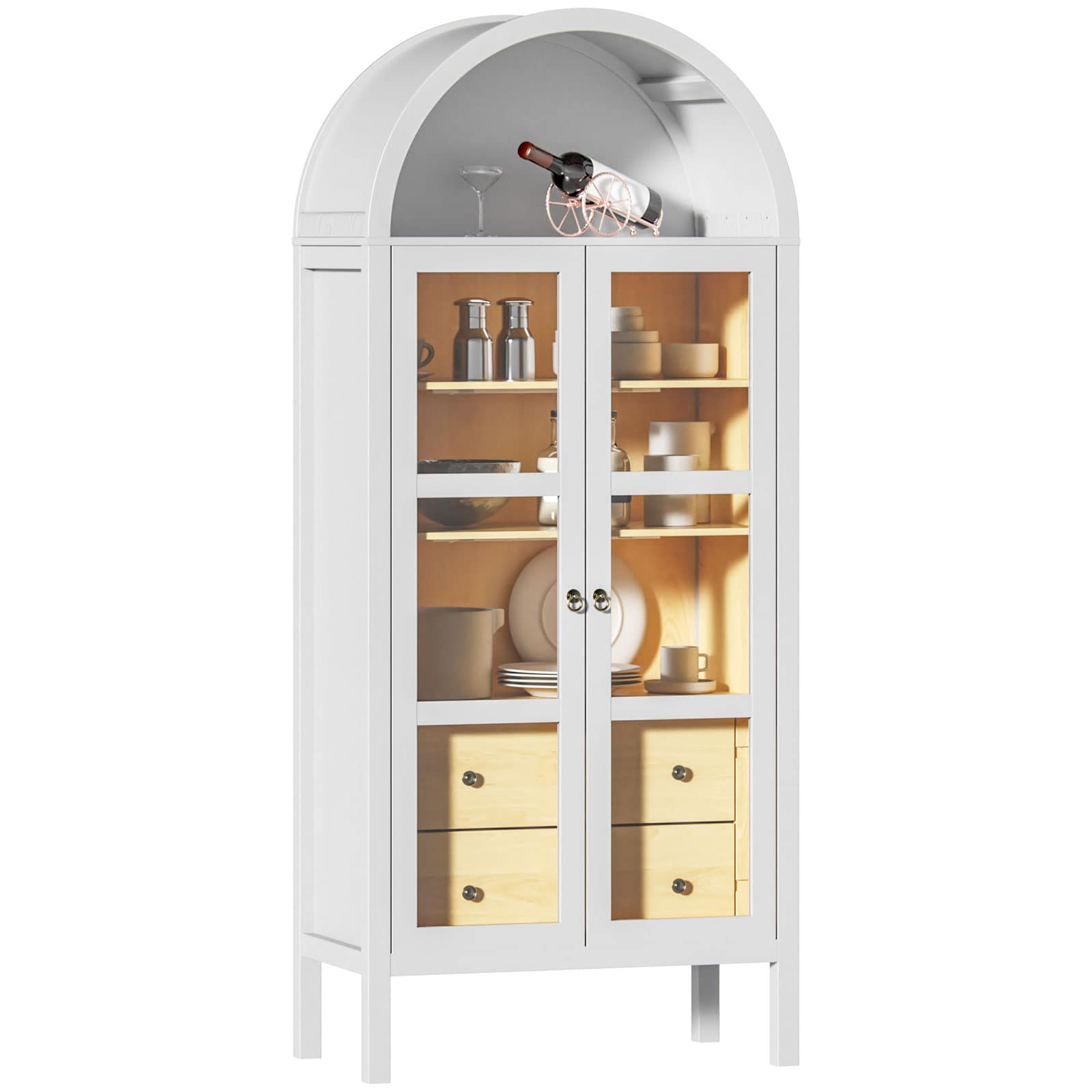 LOVMOR ARCHEDCABINET-WHITE 72 Inches Tall Modern Farmhouse Arched Cabinet with Glass Doors and Auto Sensor Light Arch Storage Cabinet with Height Adjustable Shelf and 2 Drawers(White）