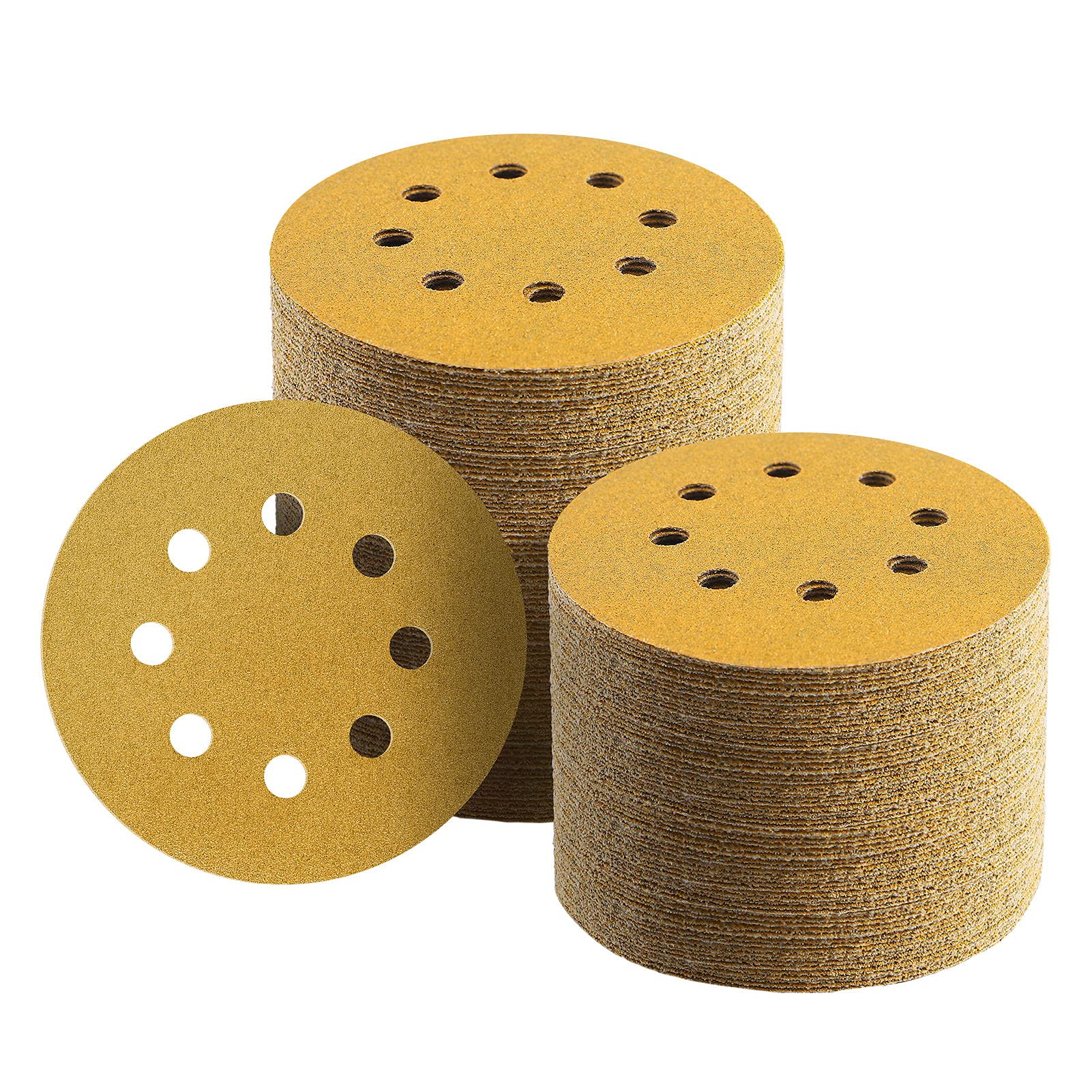 Oyezvary  100 Pack Five Inch Eight Hole Sanding Discs 80 Grit Hook and Loop Sandpaper for Woodworking and Automotive Use Gold Dustless Random