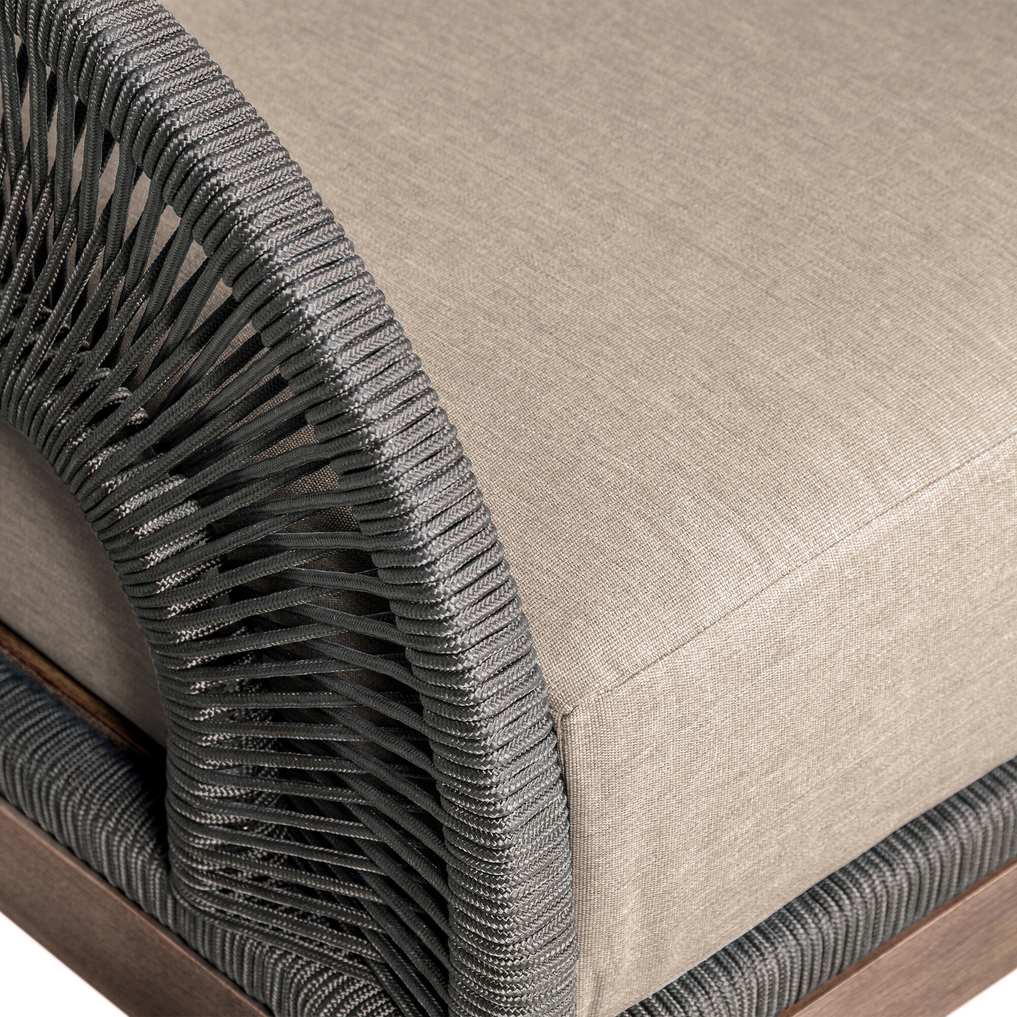 Orbit Eucalyptus Wood Outdoor Chair with Gray Rope and Taupe Cushions