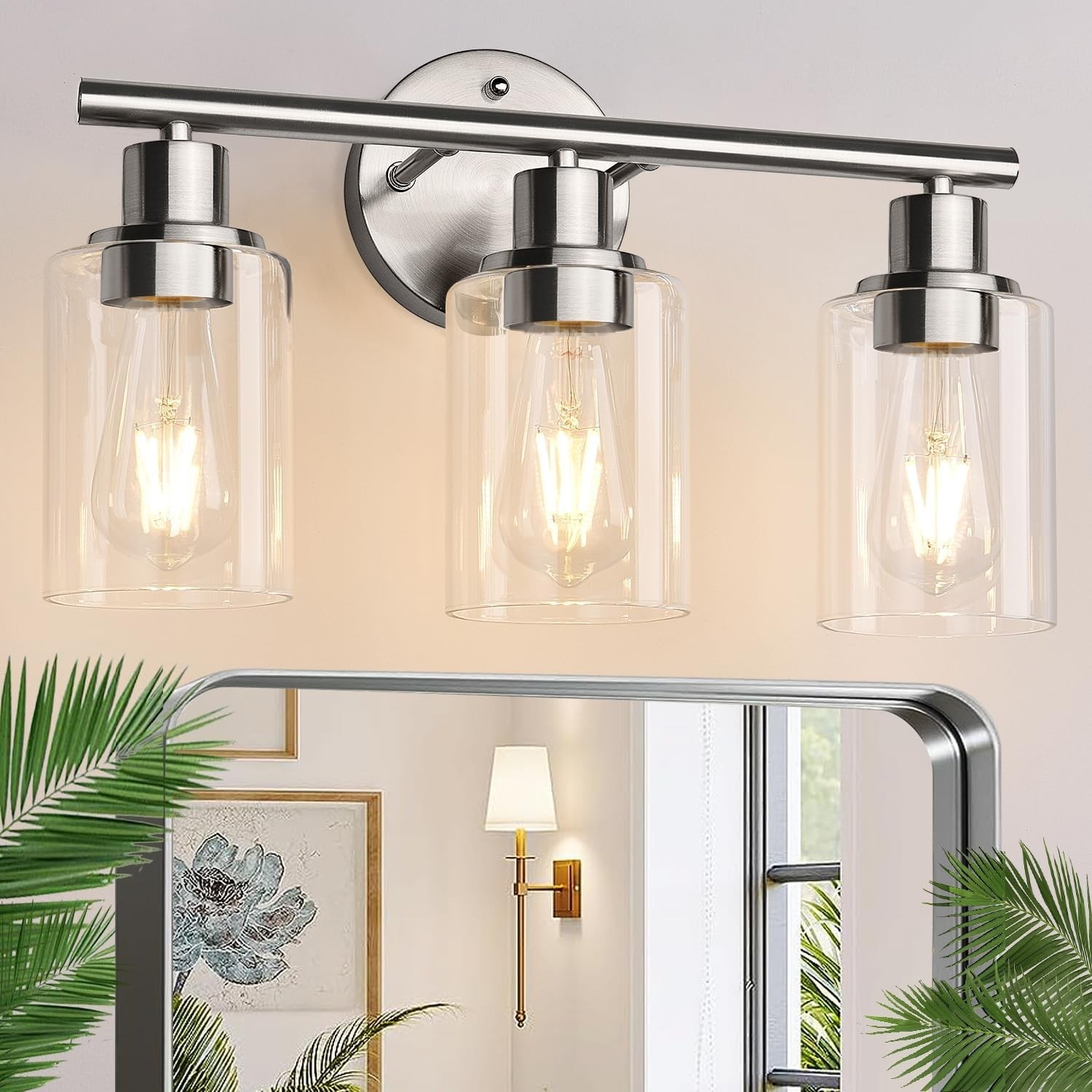 Knojodu  3-Light Bathroom Vanity Light Fixture Brushed Nickel Clear Glass Shade Farmhouse Wall Lamp for Mirror Bedroom Kitchen Hallway