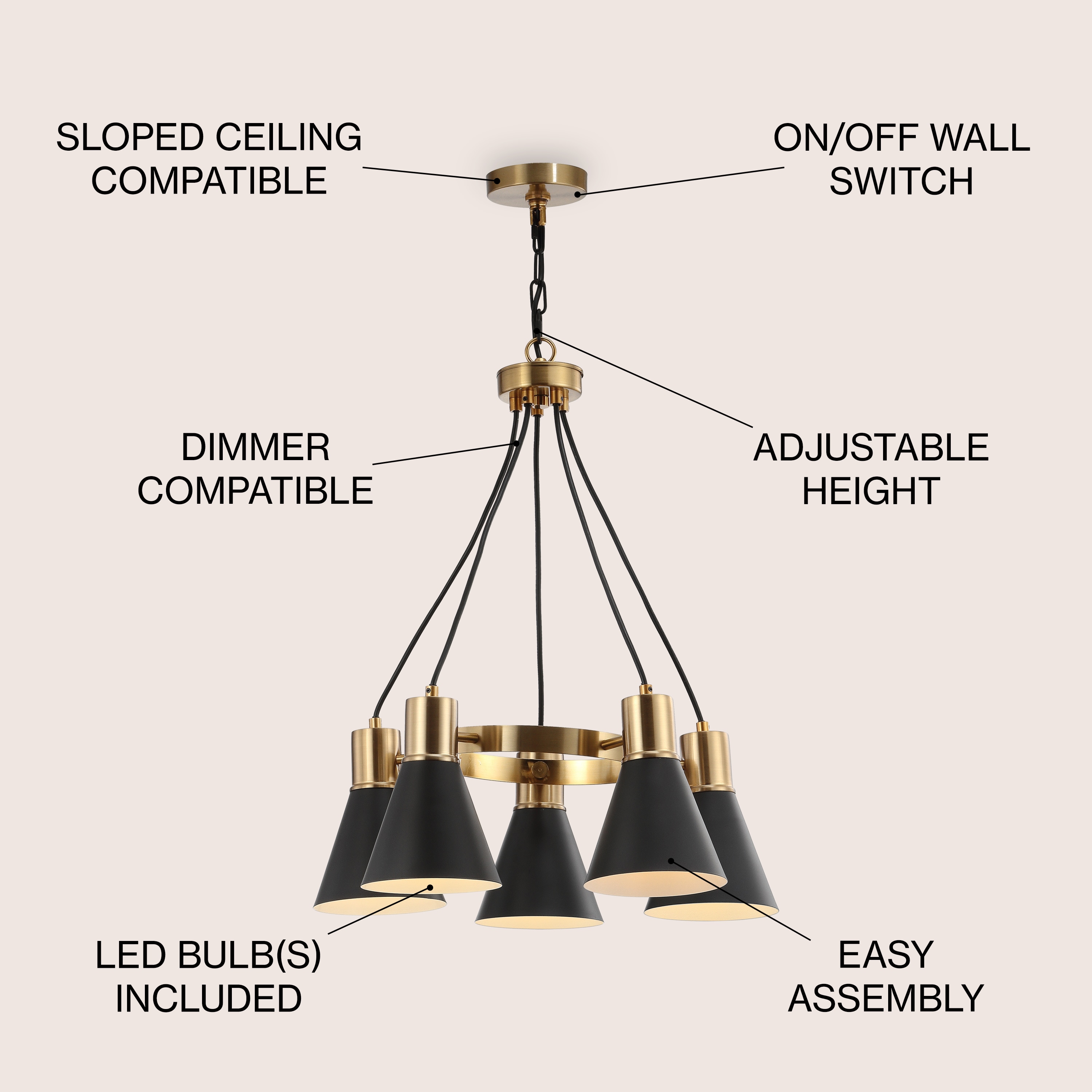 Markle 22" Matte Black & Brass Gold 5-Light LED Chandelier