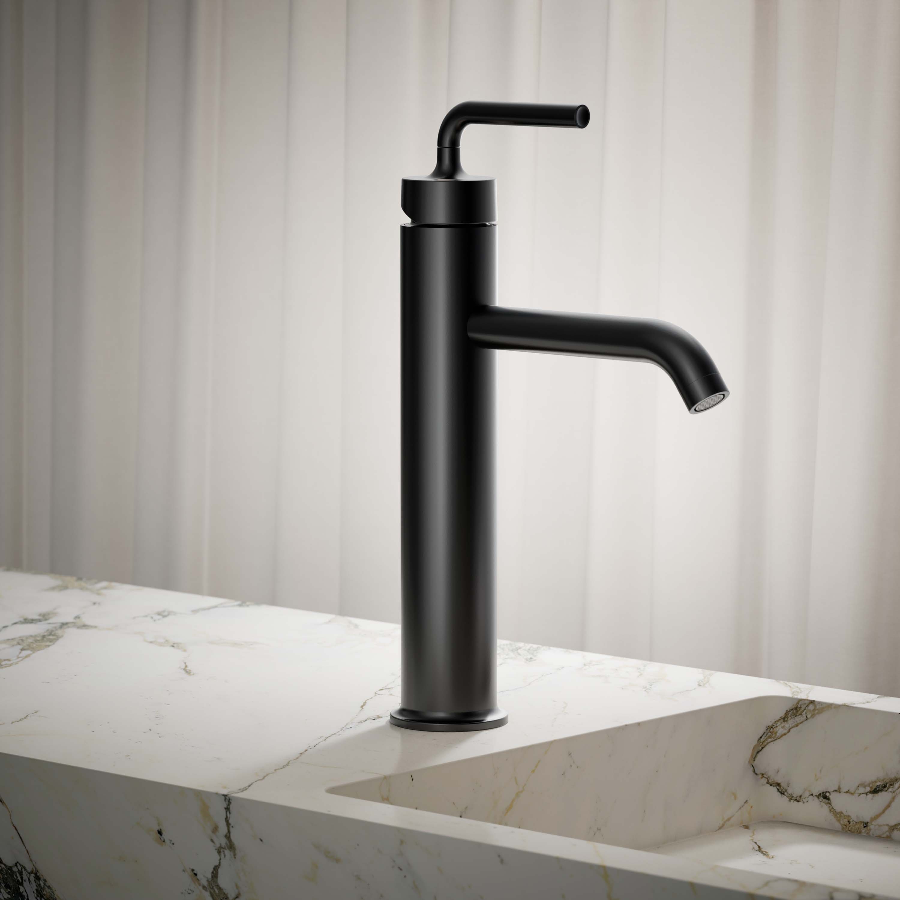 KOHLER K-14404-4A-BL Purist Matte Black Single hole Sold separately WaterSense Low-arc Commercial/Residential Handle Bathroom Sink Faucet with Drain