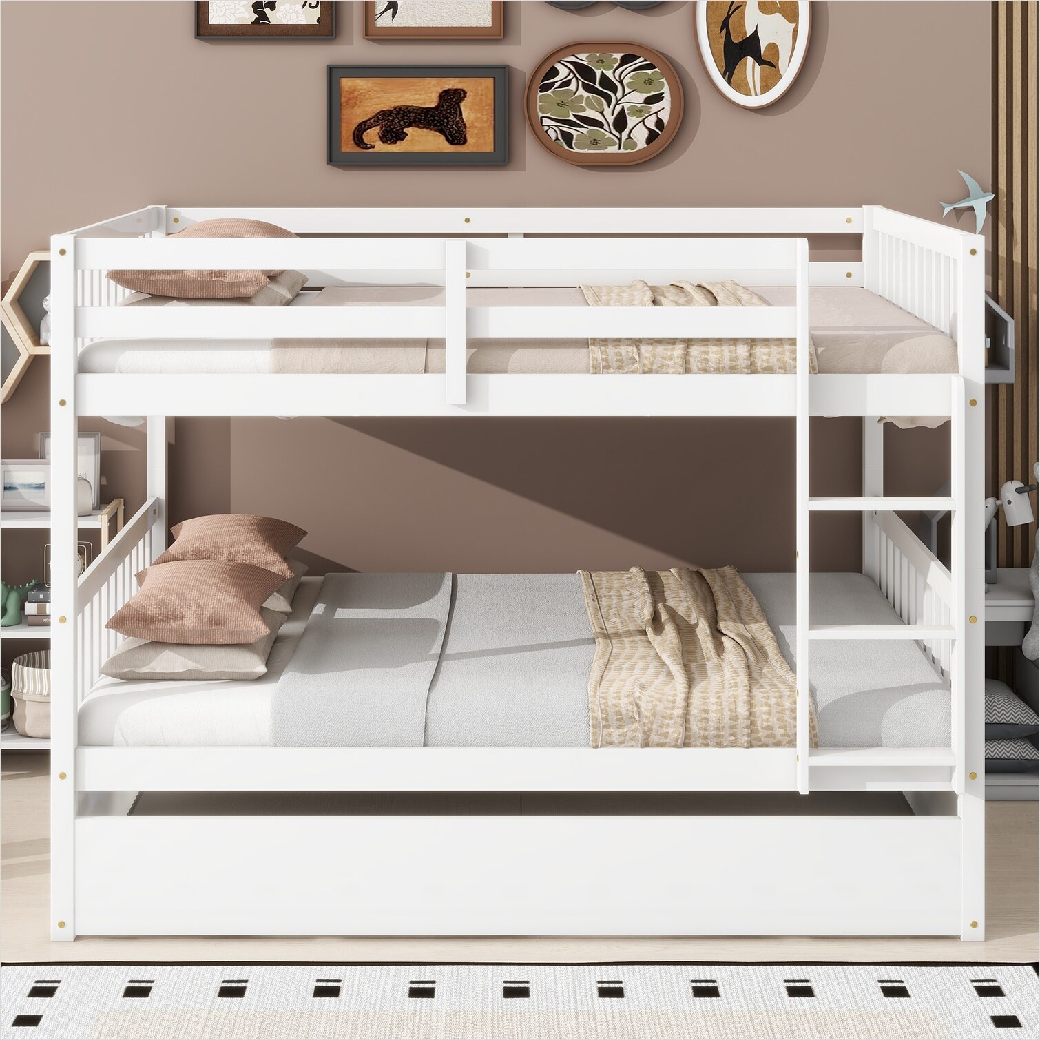 SunJet Full-Over-Full Bunk Bed in White Finish with Trundle Ladder and ...