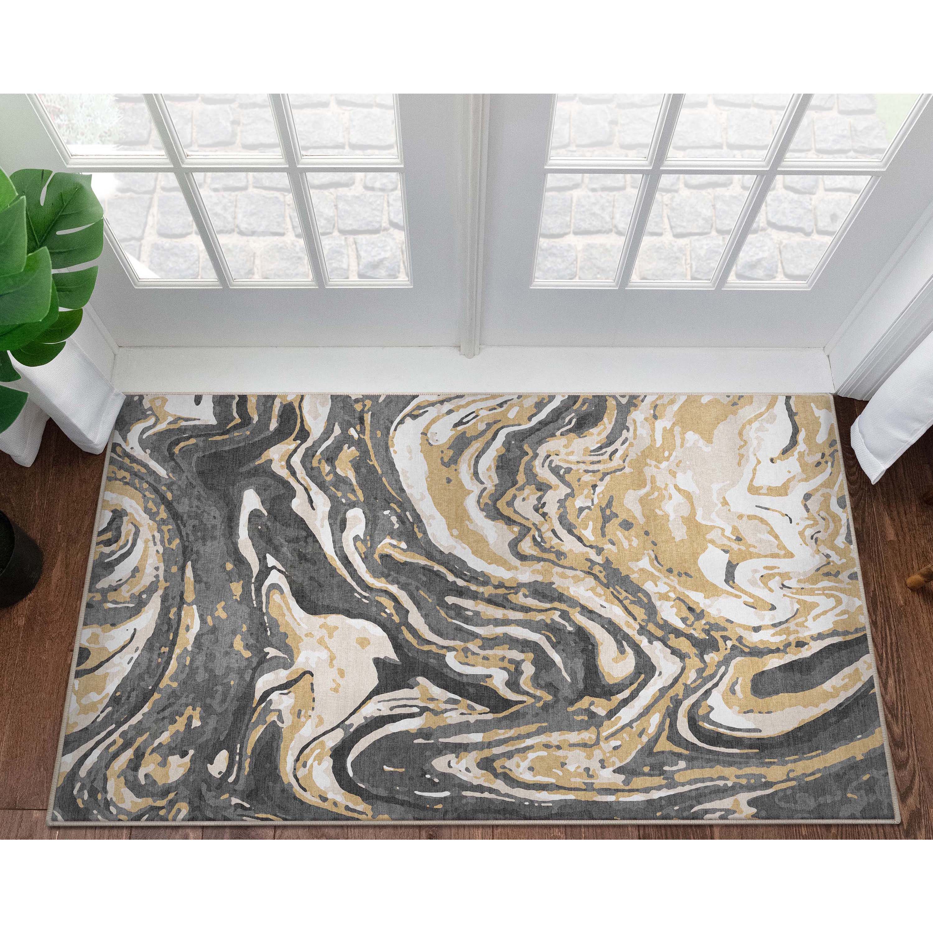 Well Woven W-AB-41A-4 Abstract 3 x 5 (ft) Flatweave Polyester Gold Brown Rectangular Indoor Stripe Mid-Century Modern Area rug