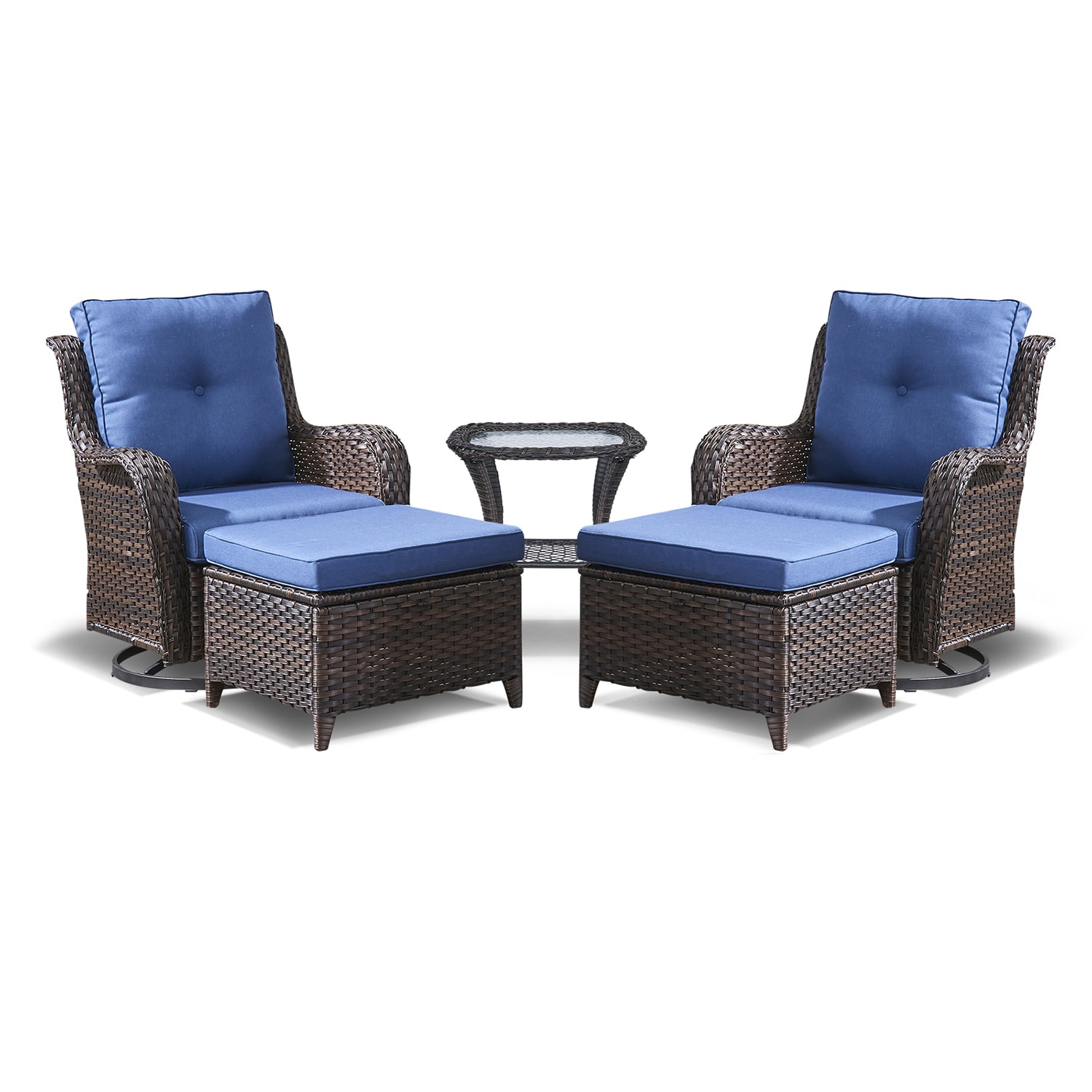 Rilyson FS023025014-1 Curved Handrail 5 -Piece Wicker Patio Conversation Set with Blue Cushions