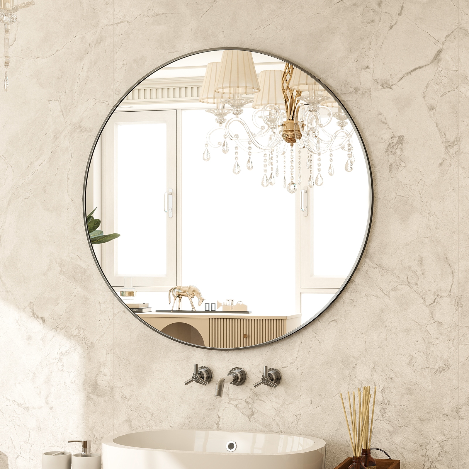 BEAUTYPEAK RM30B 30-Inches W x 30.0-Inches H Round Black Framed Wall Mirror