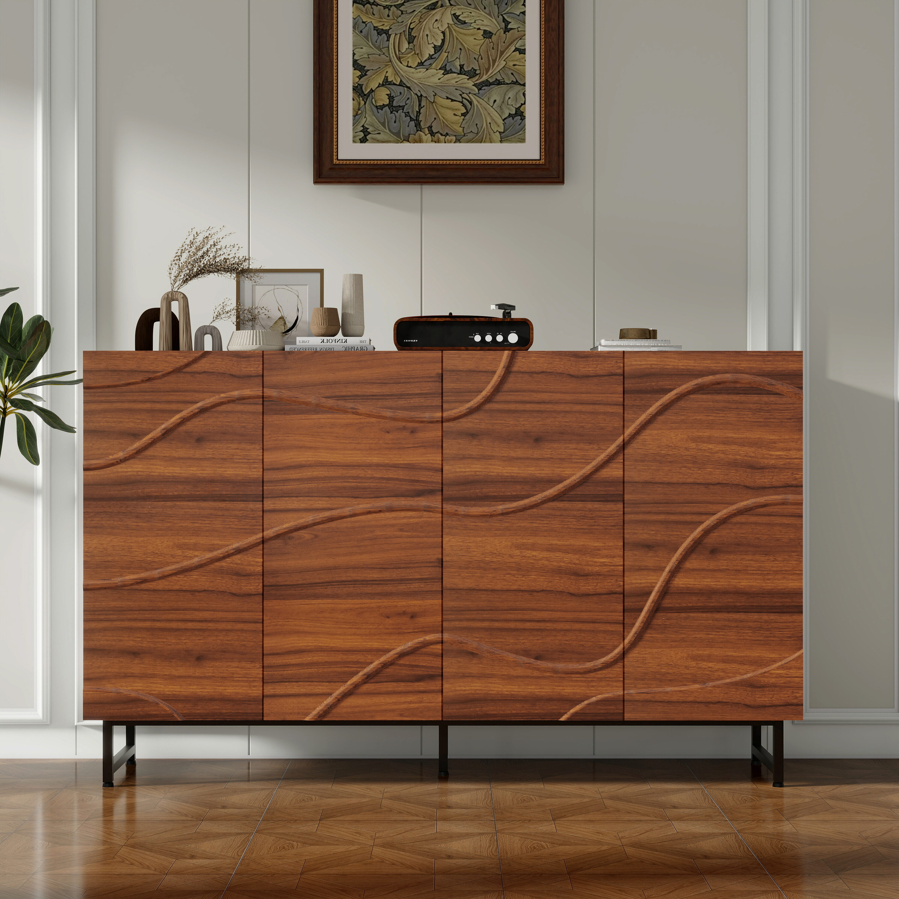LUXEYARD - Modern Art Solid Wood Sideboard 59x16x35inch Wave Relief Design Walnut Texture Iron Le...