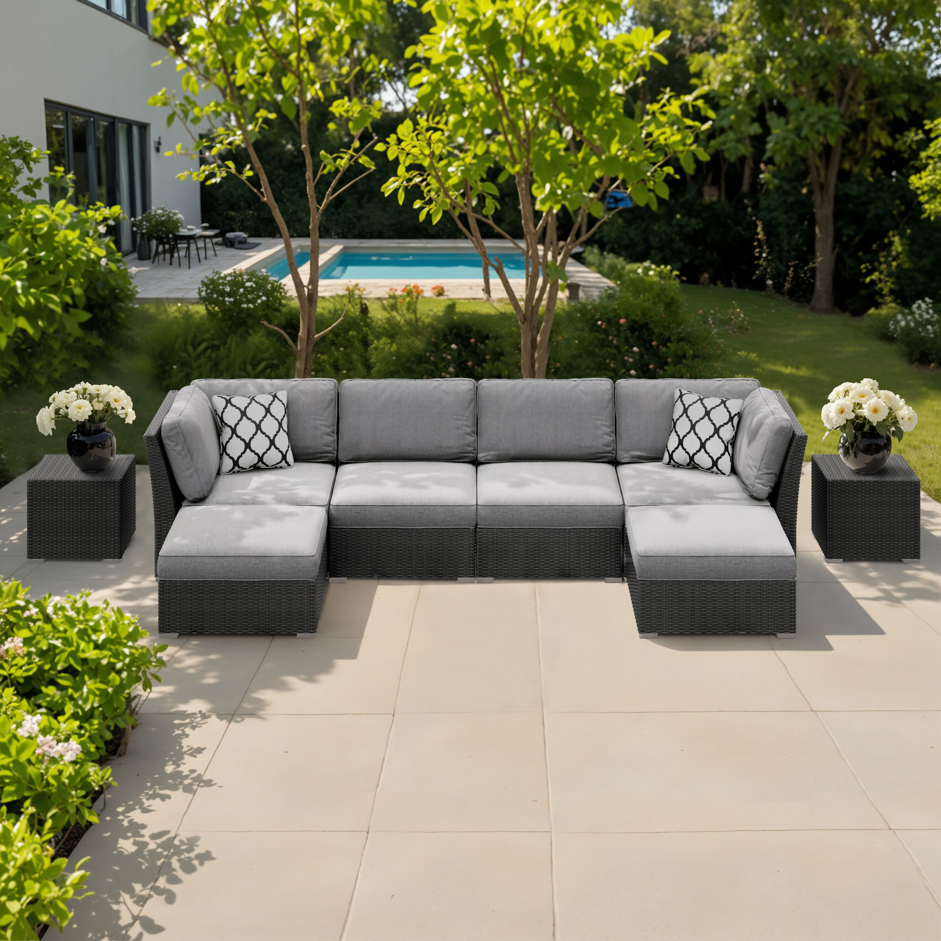 Octans SL2C00220 8 -Piece Wicker Patio Conversation Set with Gray Cushions
