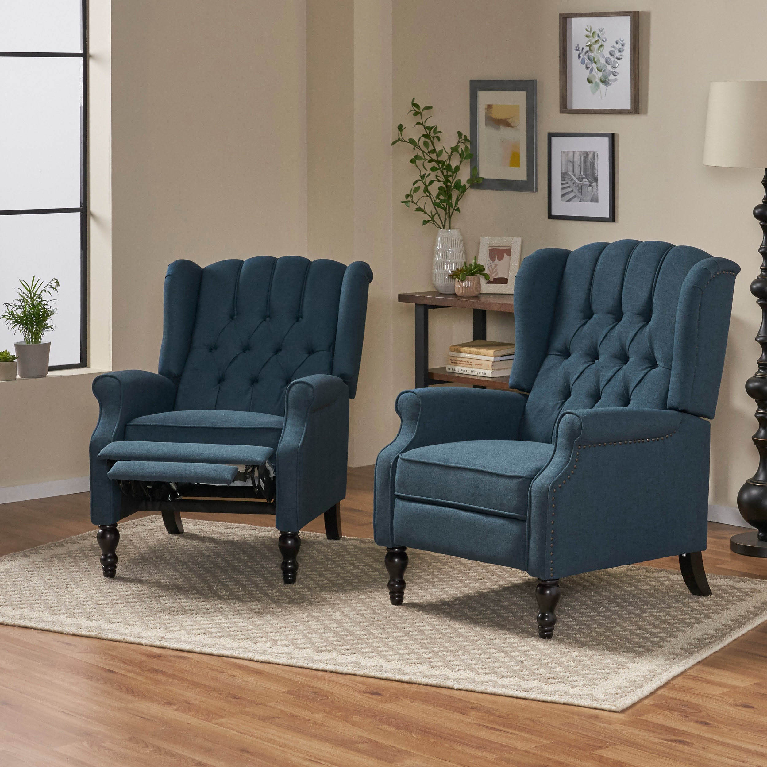 Navy Blue Handcrafted Wingback Pushback Recliner with Wooden Accents