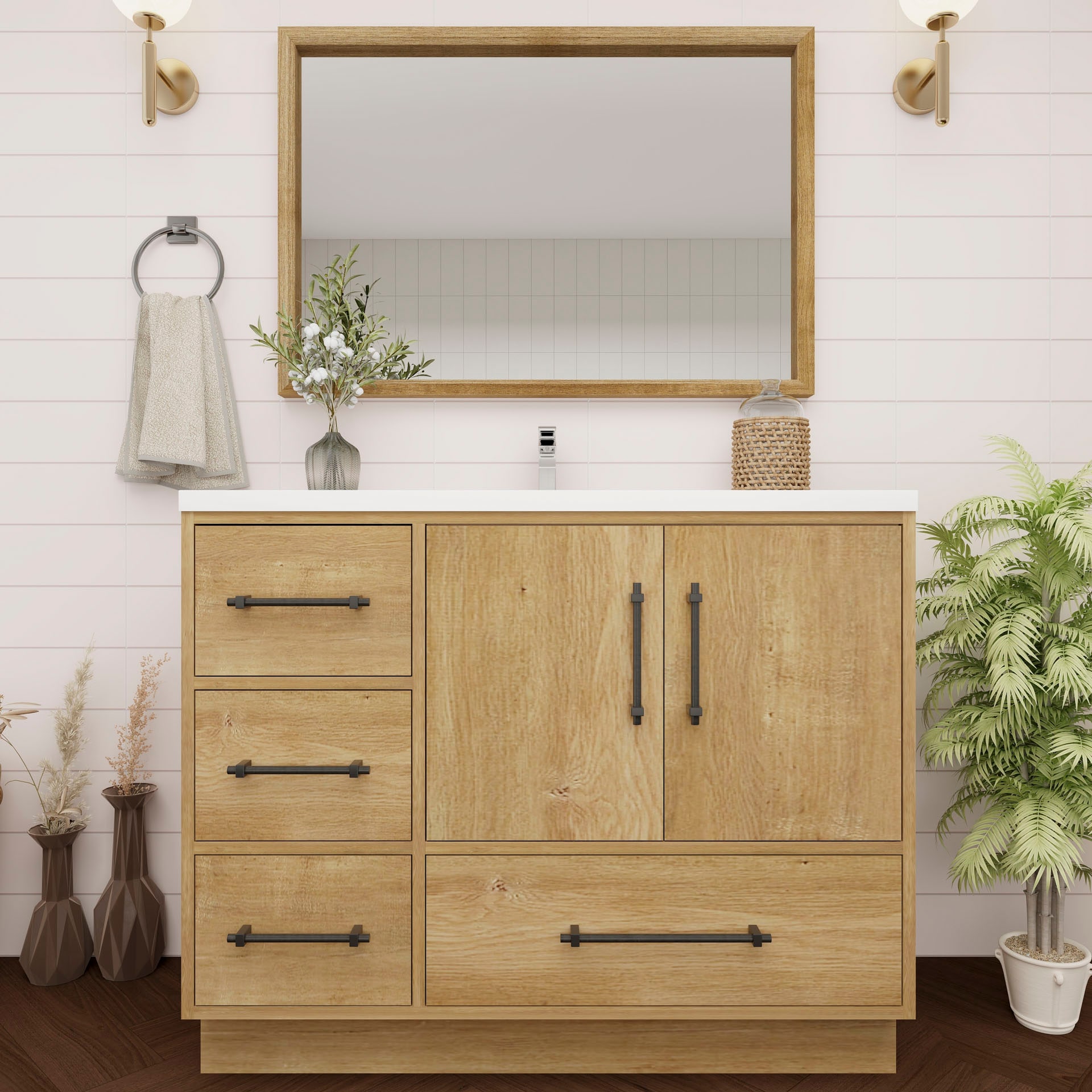 BV Better Vanity VICTORIA42LFS-OAK Victoria 42-in Oak / Left Side Drawers Single sink Bathroom Vanity with White Acrylic Top
