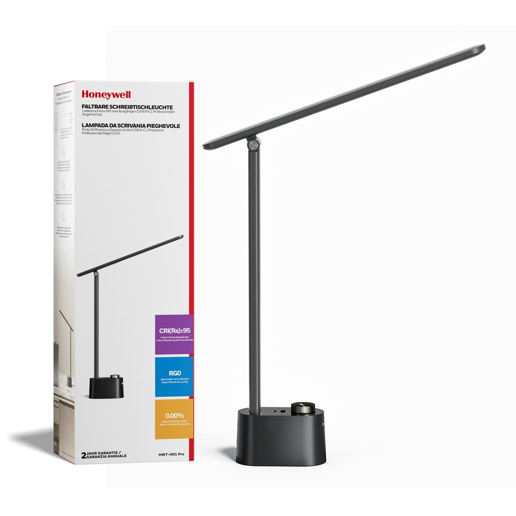 Honeywell  Upgraded LED Desk Lamp 13in Foldable Stepless Dimmable Eye Caring Desk Light Black