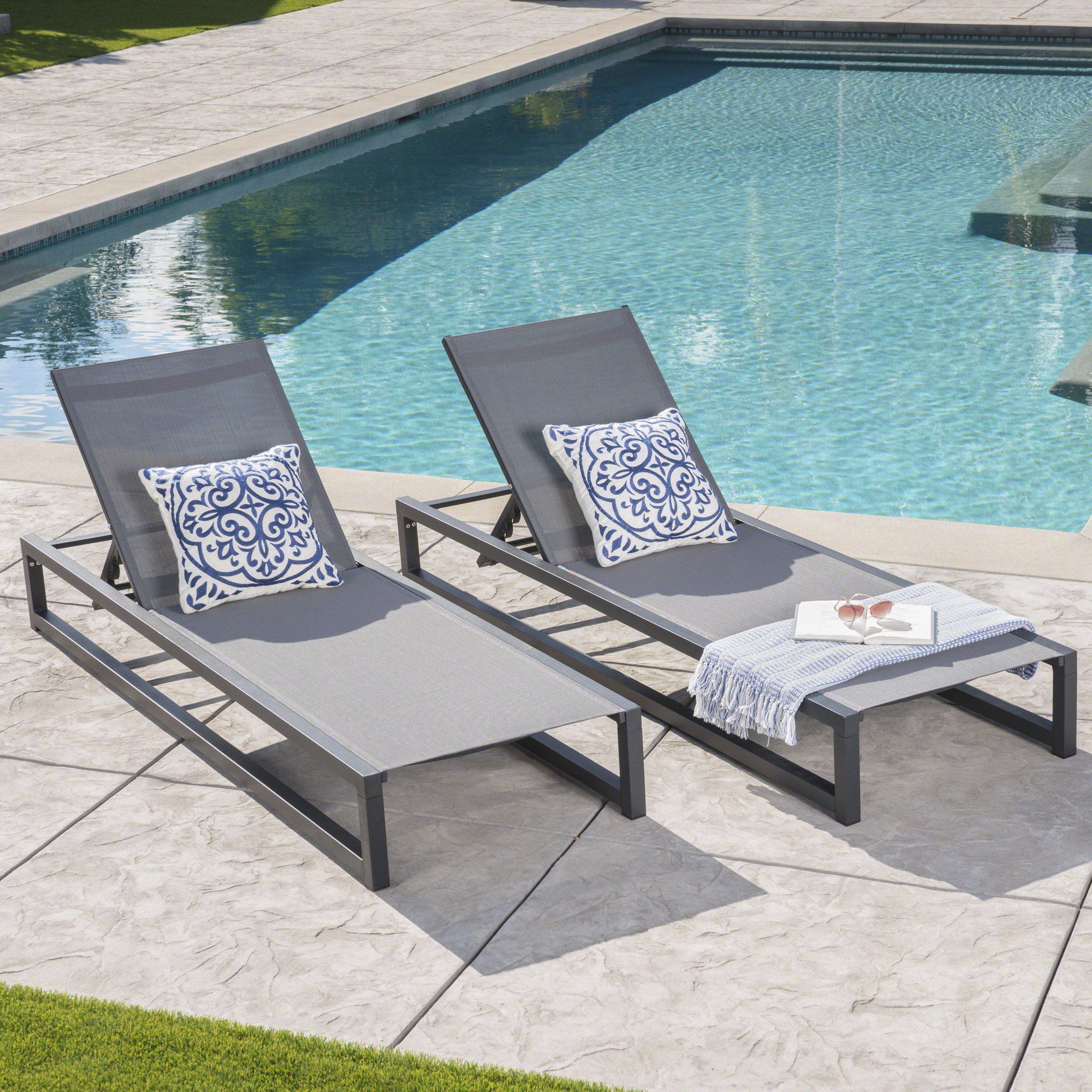 Black and Dark Gray Aluminum Mesh Armless Chaise Lounges, Set of 2