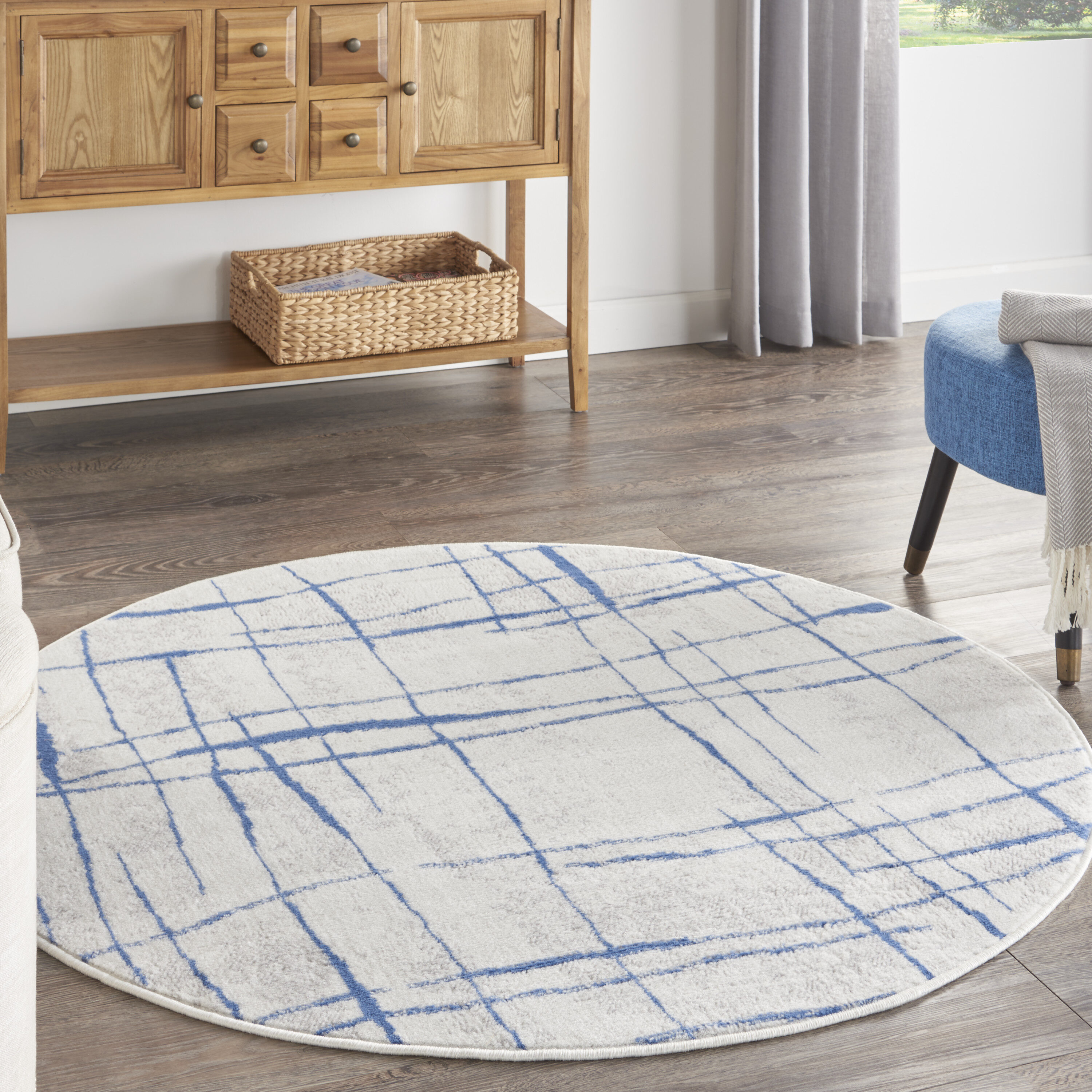 Nourison 99446833051 Whimsicle 5 x 5 (ft) Loomed Polypropylene Ivory Blue Round Indoor Distressed/Overdyed Area rug