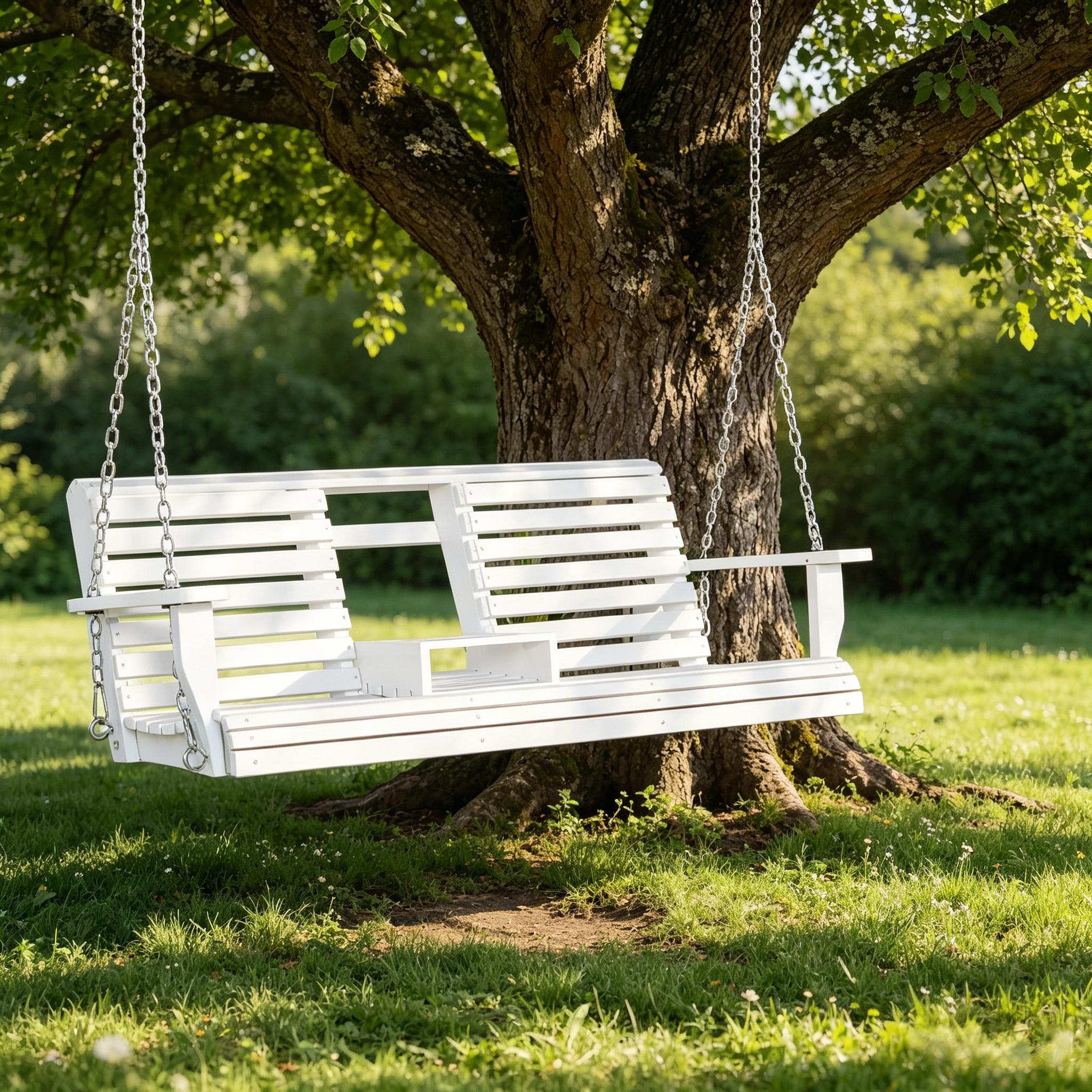 Ama Pear 3-Seater Wooden Porch Swing Bench with Folding Coffee Table Cup Holders