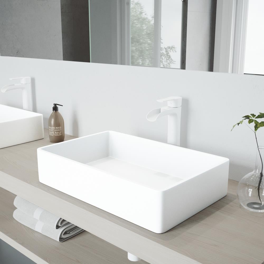 VIGO VGT988 Vessel Sinks Matte White Matte Stone Vessel Rectangular Modern Bathroom Sink with Faucet Drain Included (21.25-in x 13.875-in)