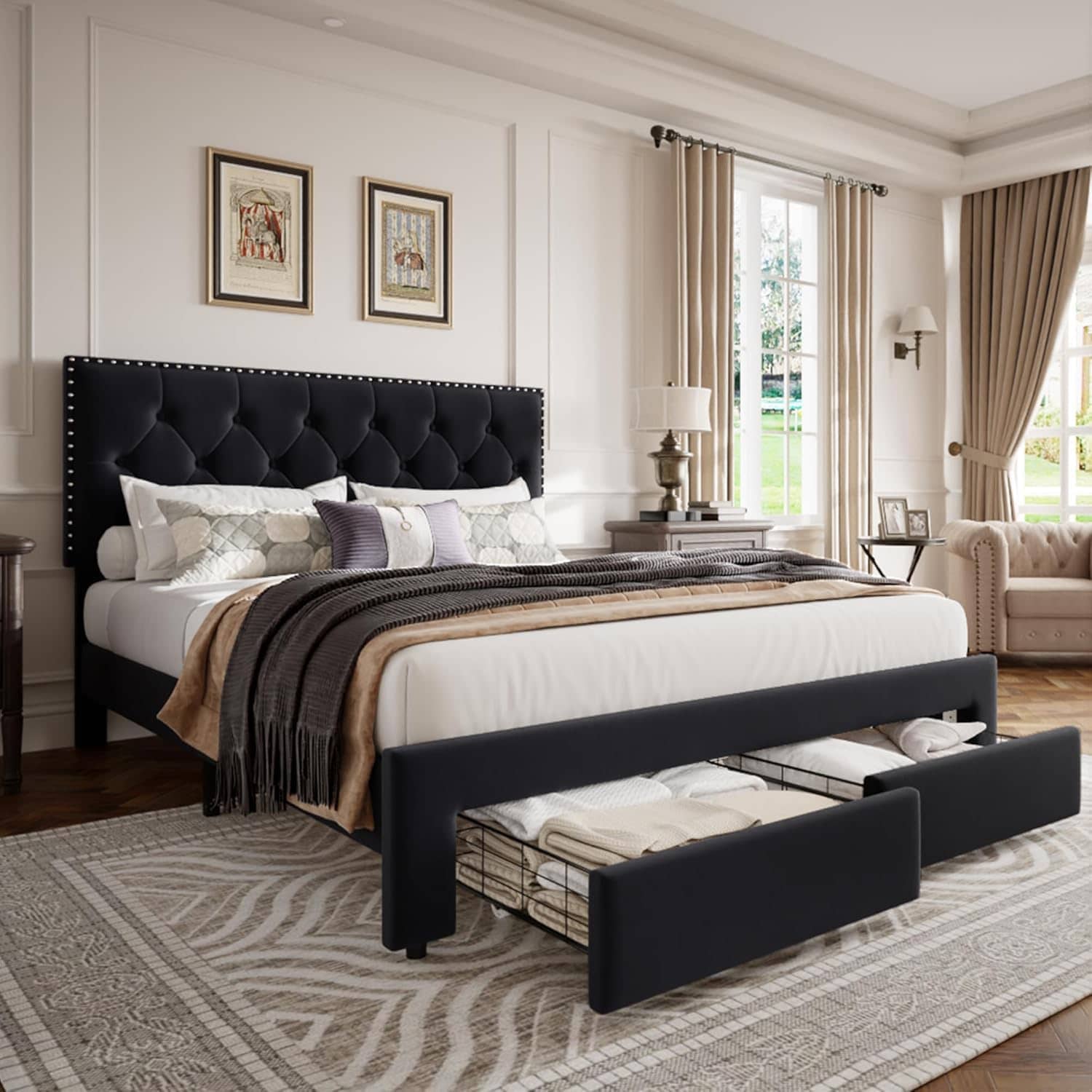 Qeetex DHZ-PHK-33FXRS86 Full Size Bed Frame with 2 Storage Drawers Vintage Velvet Upholstered Bedframe with Wooden Slat Support and Button Tufted Wingback Headboard No Box Spring Needed Noise Free Black