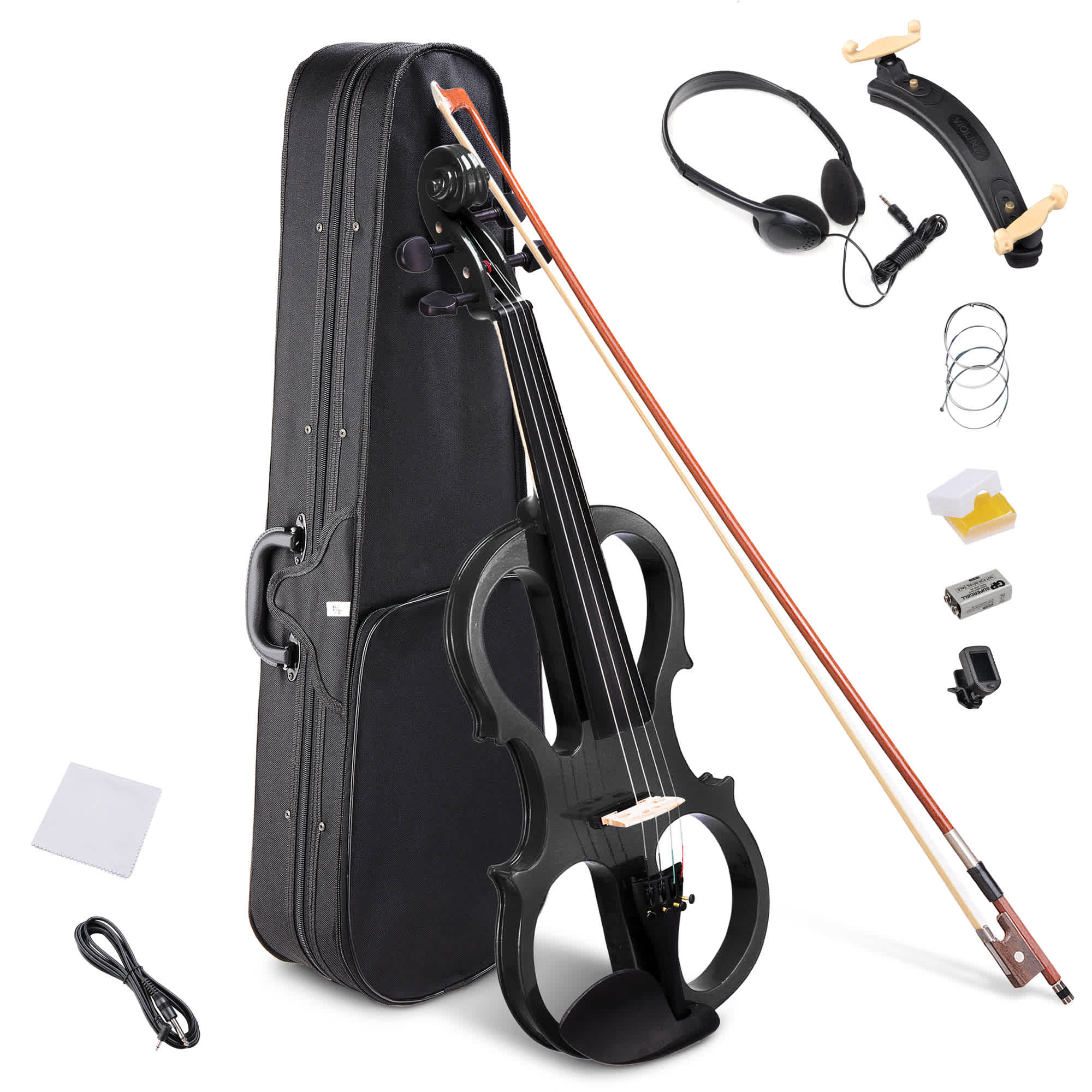 Yescom 28VIL013-E05-06-LO 4/4 Full Size Electric Violin Wood Silent Fiddle Bow Headphone Case Black