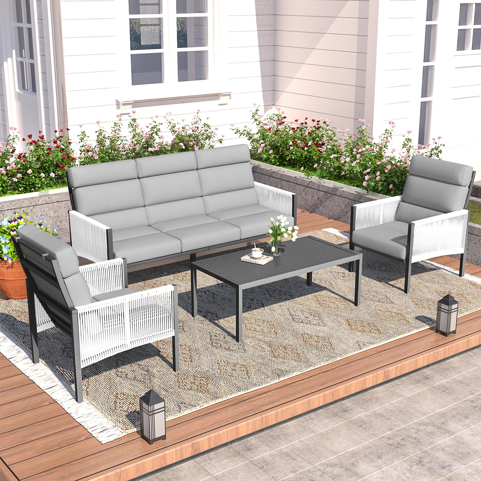 Mondawe MO-16340LG 4 -Piece Wicker Patio Sofa Conversation Set with Light Gray Cushions
