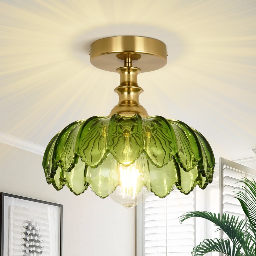Henveton Essel 10.23 in. Vintage Floral Semi-Flush Mount Ceiling Light with Green Textured Glass Shade for Bedroom Hallway Kitchen