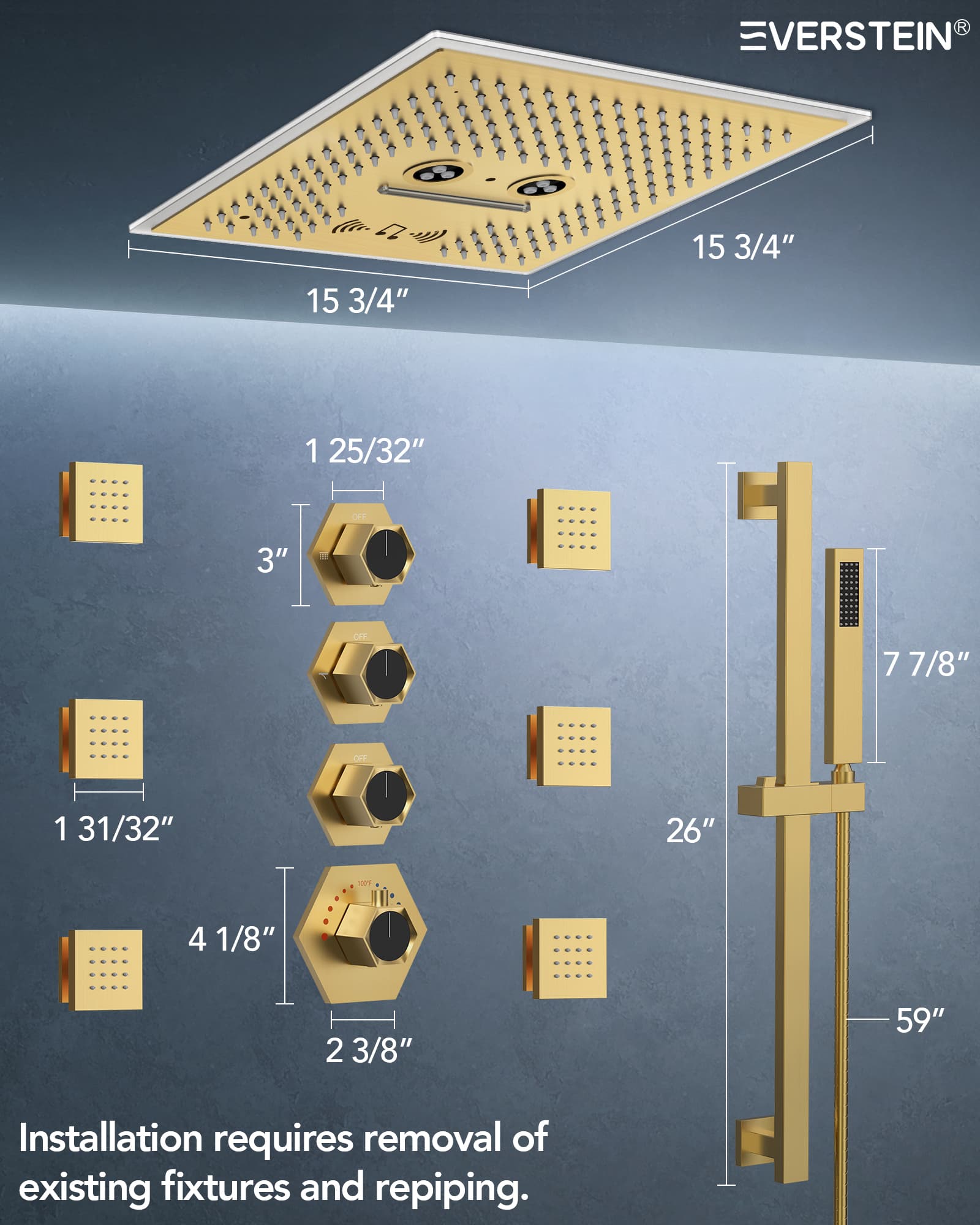 EVERSTEIN SFS-1047-GD16 Showerhead-Bar-Panels - View #14