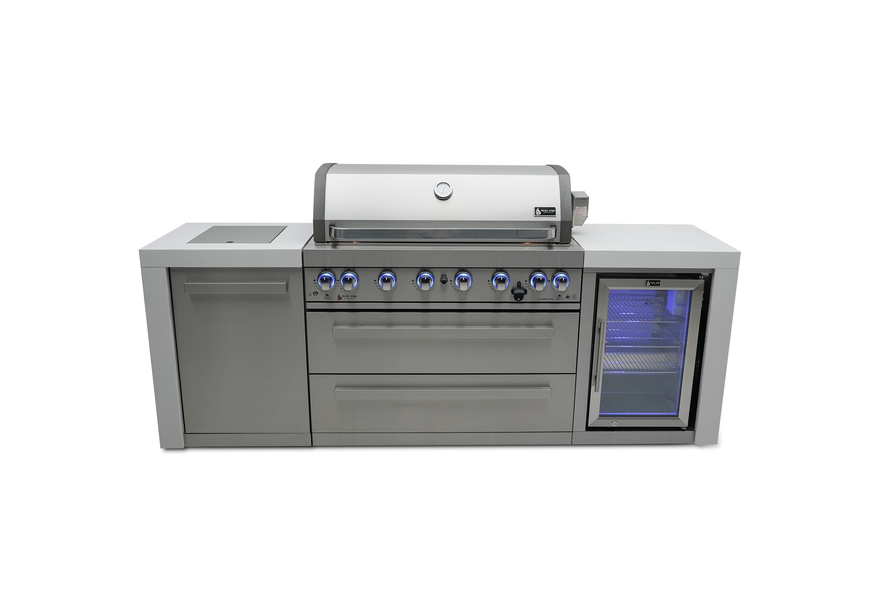 Mont Alpi MAI805-DFC 805 Deluxe Series 3 -Piece 120-in W x 23-in D x 46-in H Modular Outdoor Kitchen Grill with bar/counter top 8 Burners