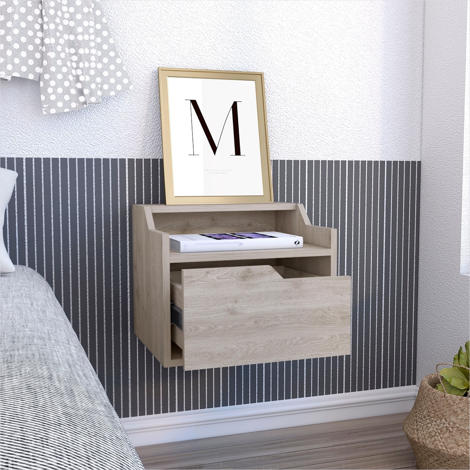 SunJet Floating Nightstand with Drawer and Dual Shelves in Gray-Toned ...