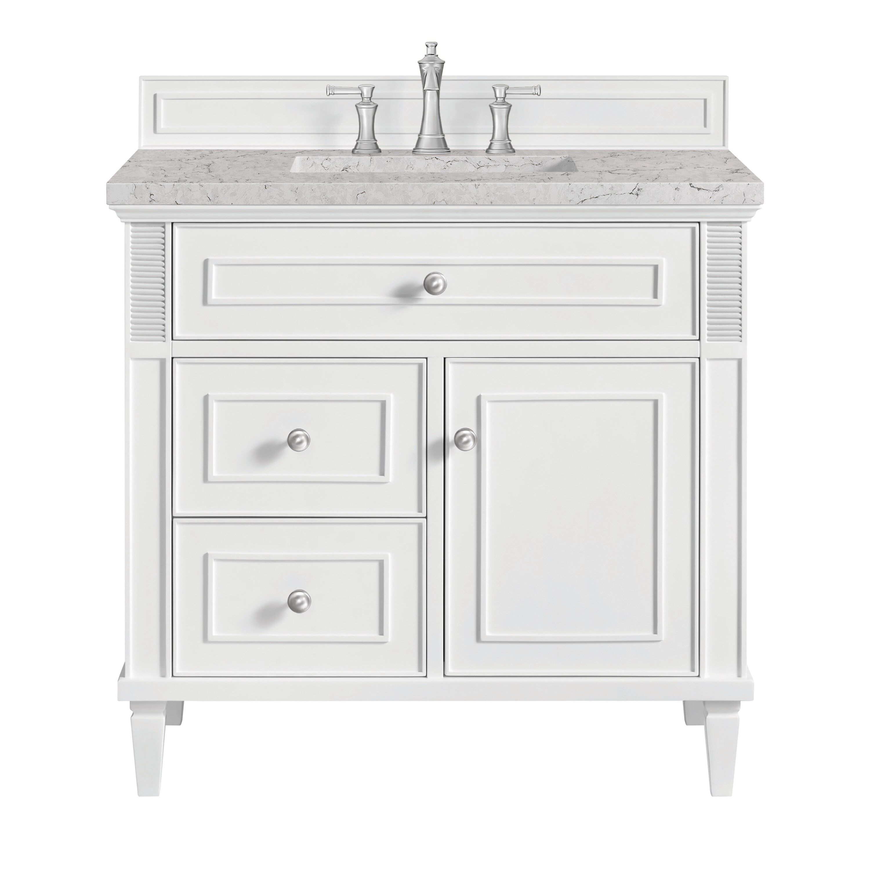 James Martin Vanities 424-V36-BW-3EJP Lorelai 36-in Bright White Undermount Single Sink Bathroom Vanity with Eternal Jasmine Pearl Quartz Top