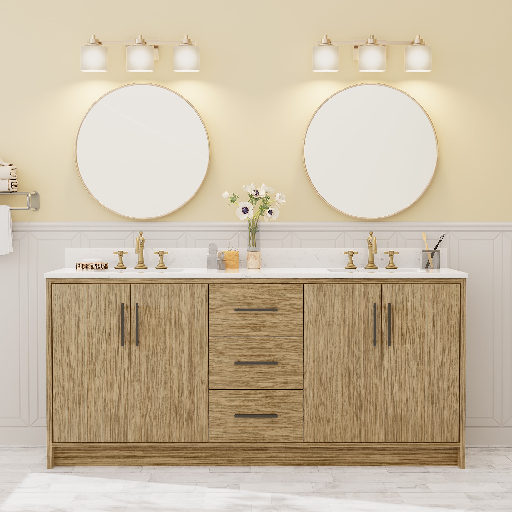 VOUA DXRCJ-SJD-YW 72-in Wood Grain Double sink Bathroom Vanity with White Marble Top