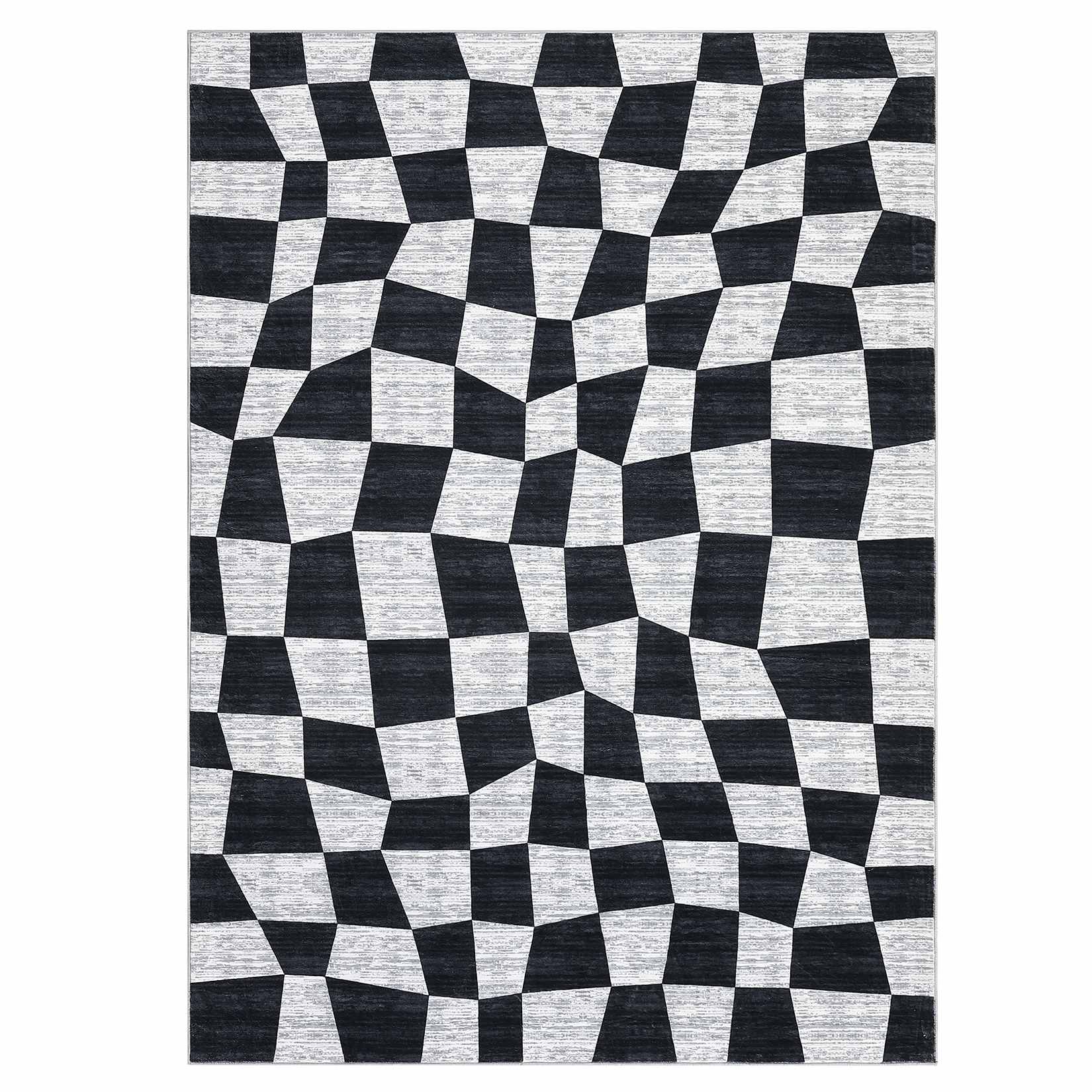 WhizMax SUNNY-PHO-14B27YSH 5 x 7 ft Polyester Black Rectangular Living Room Bedroom Dining Room Geometric Checkered Modern Machine Washable Area Rug