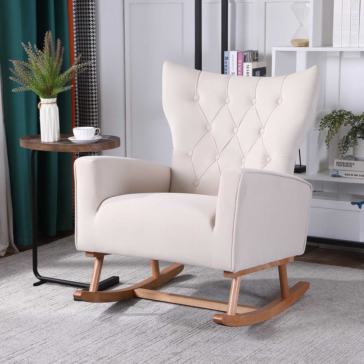 GZMR Modern Beige Velvet Rocking Chair Rubber in Off-White | WF01-GC-V4K-BKWH