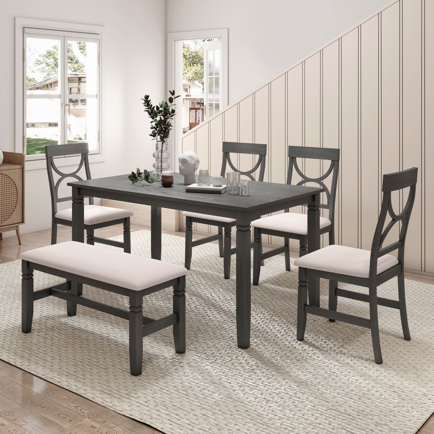 JASMODER SP000003AAE 6-Piece Wood Dining Table Set Kitchen Table Set With Upholstered Bench And 4 Dining Chairs, Farmhouse Style, Gray
