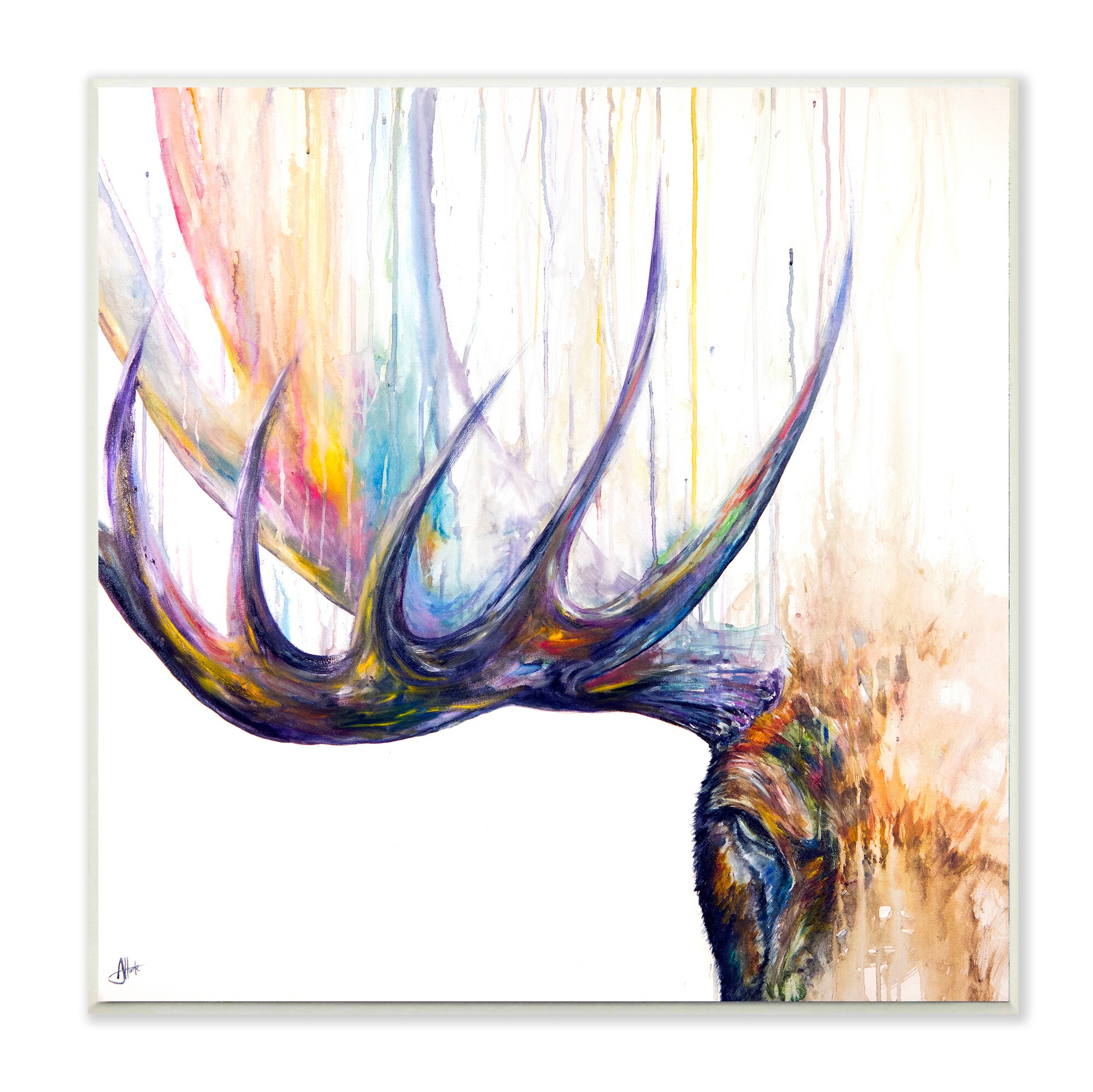The Stupell Home Decor Rainbow Watercolor Dripping Moose Antlers Wall Plaque Art, Size: 12 x 12