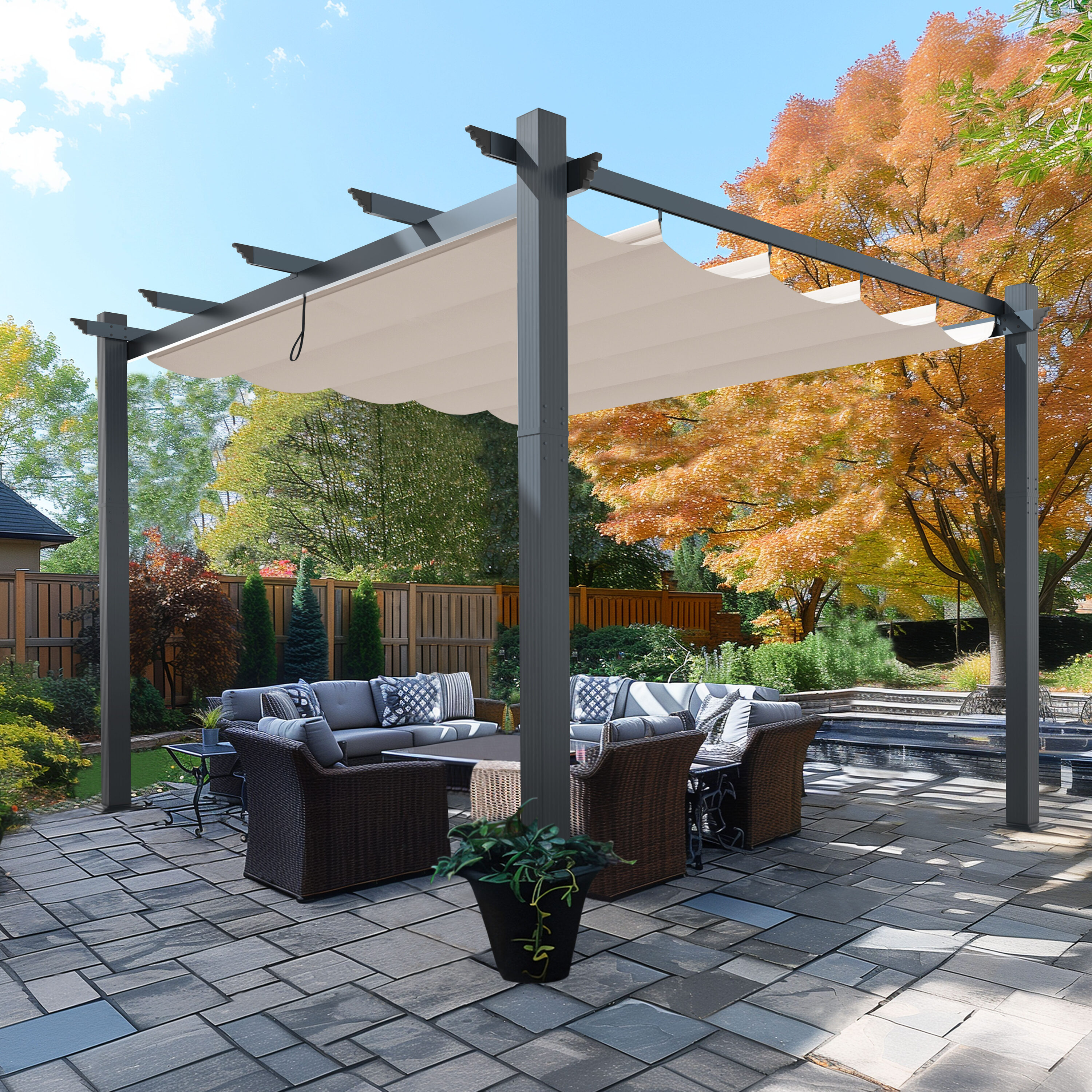 VEIKOUS PG0202-02CW-4 10-ft L x 7-ft 3-in H Metal Freestanding Pergola with Canopy