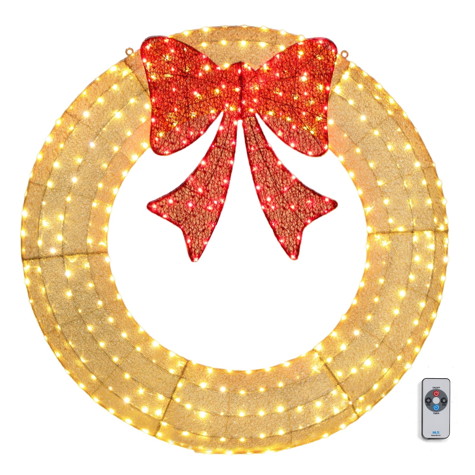 Kazeila 17719105-SYFWN001 60in Pre-Lit Outdoor Christmas Wreath with 400 Warm White LED Lights Gold Frame Red Bow Timer Remote Control for Home Exterior Garden Gold Red