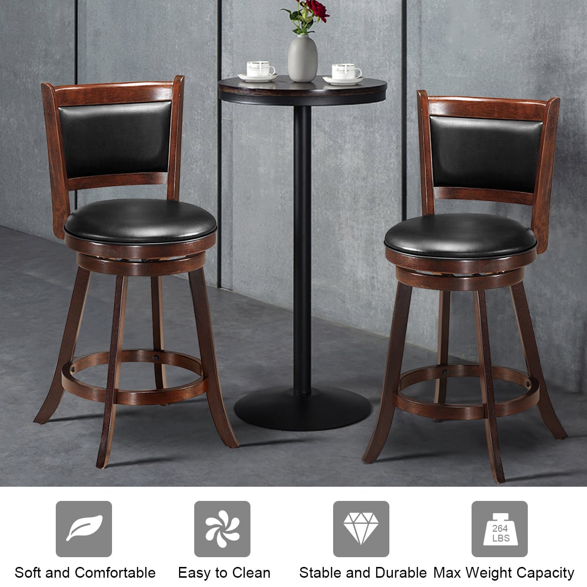 Espresso Swivel Rubberwood Bar Stools with Leather Upholstery