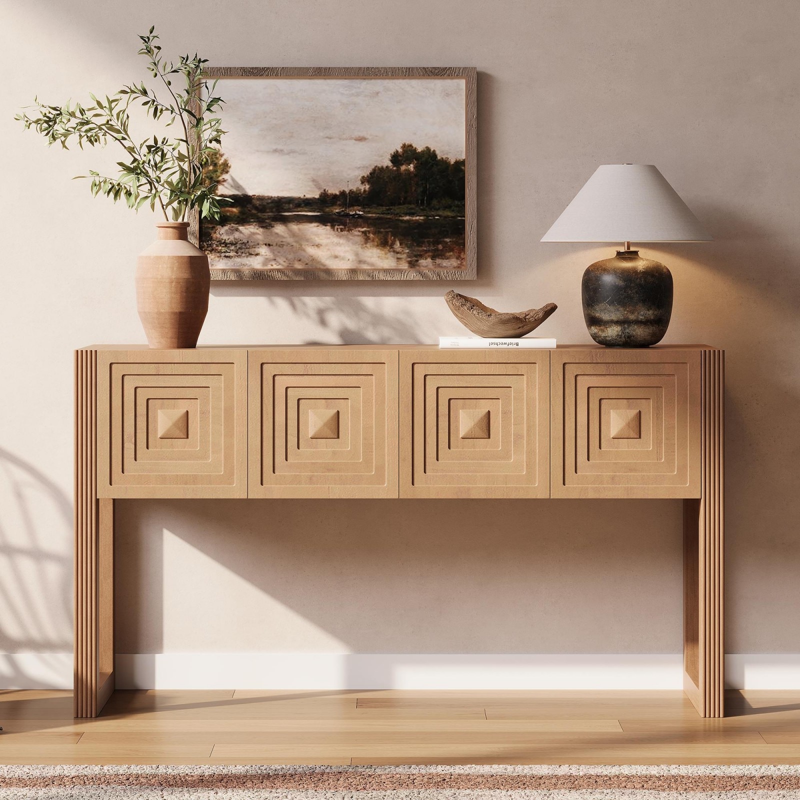 GlasFlength  Geometric Carved Console Table with Drawer Storage Soft Close Access and Fluted Leg Accent Design for Entryway Living Room Hallway Light Brown
