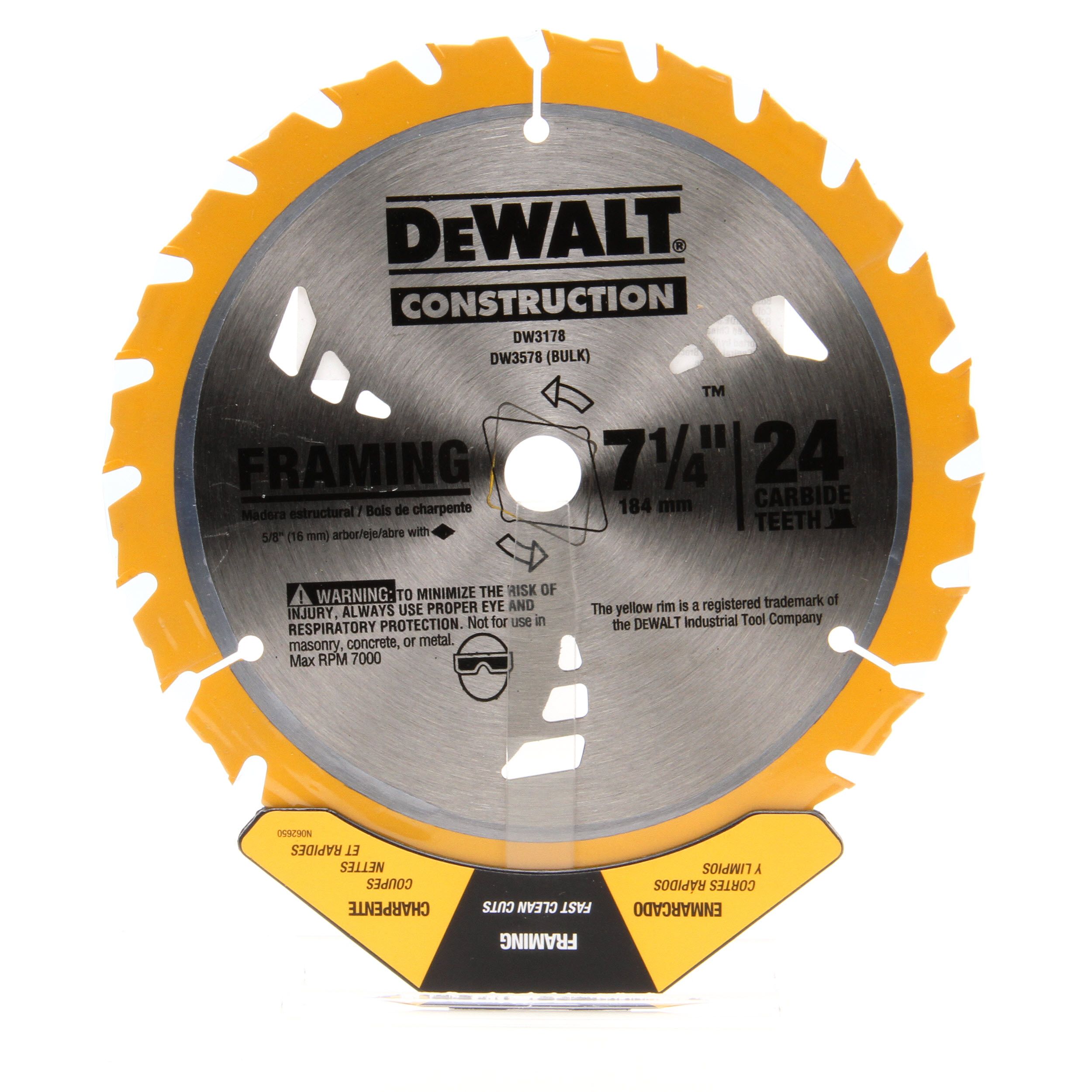 Dewalt "Construction"  7-1/4" x 24 Th Carbide Saw Blade Framing Skill Saw DW3178 