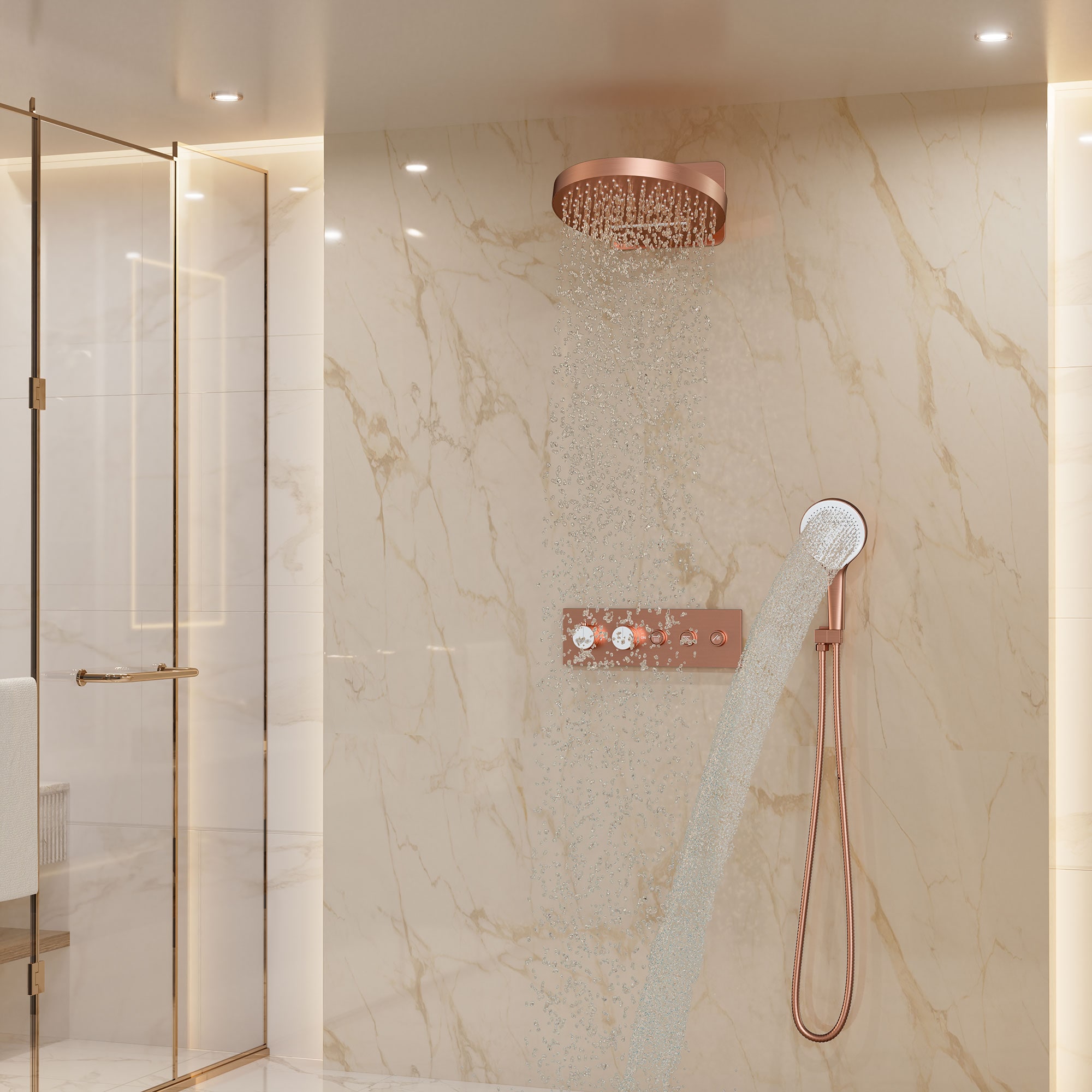 Brushed Rose Gold Stainless Steel Ceiling Mounted Shower System