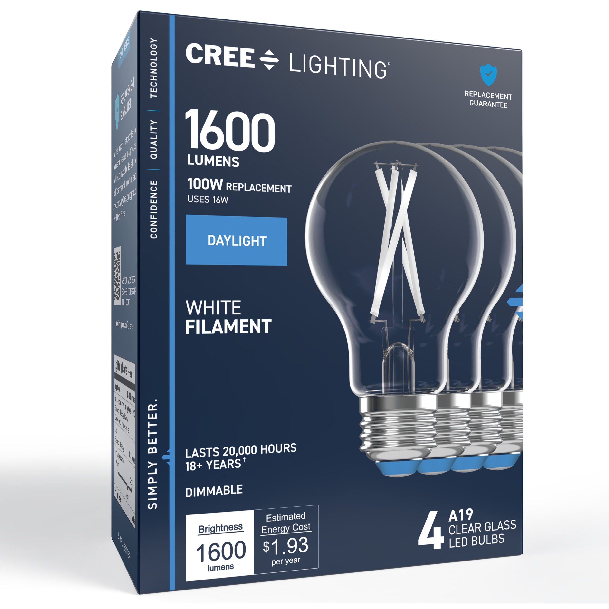 Cree Lighting White Filament 100 -Watt EQ A19 Daylight Medium screw base E26 Dimmable LED General purpose Light Bulb 4 -Pack